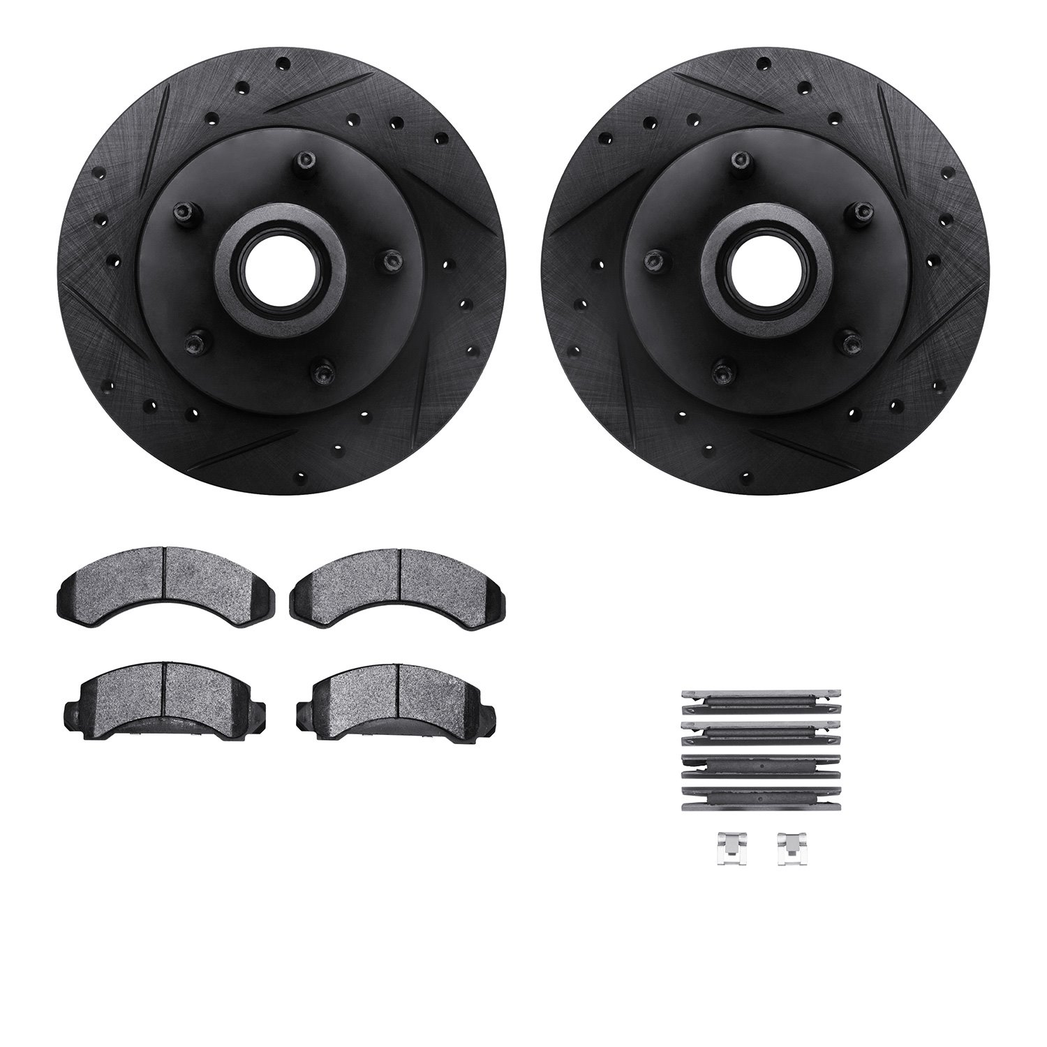 8212-99107 Drilled/Slotted Rotors w/Heavy-Duty Brake Pads Kit & Hardware [Black], 1991-1994 Ford/Lincoln/Mercury/Mazda, Position