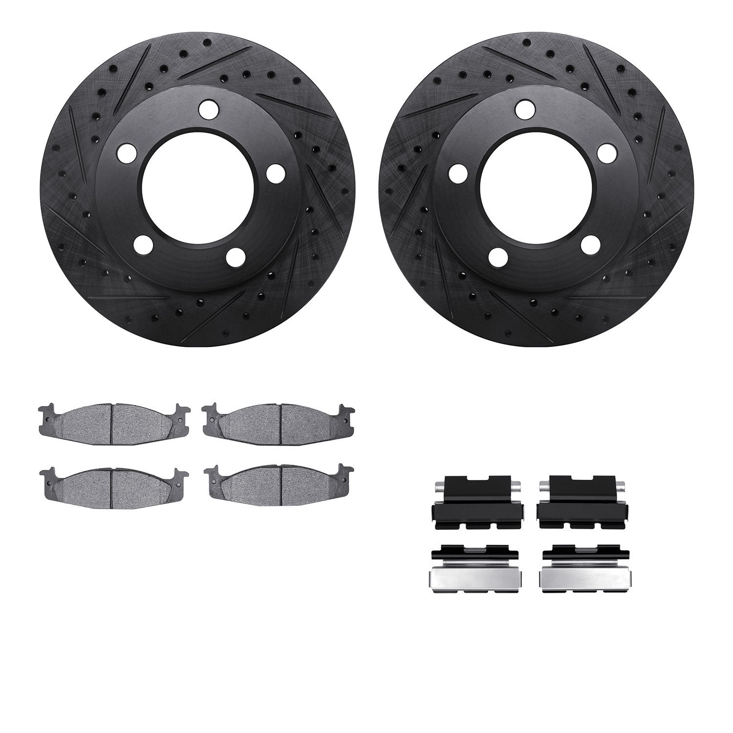 8212-99112 Drilled/Slotted Rotors w/Heavy-Duty Brake Pads Kit & Hardware [Black], 1994-1996 Ford/Lincoln/Mercury/Mazda, Position