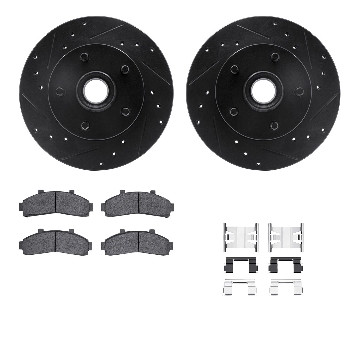 8212-99120 Drilled/Slotted Rotors w/Heavy-Duty Brake Pads Kit & Hardware [Black], 1995-1997 Ford/Lincoln/Mercury/Mazda, Position