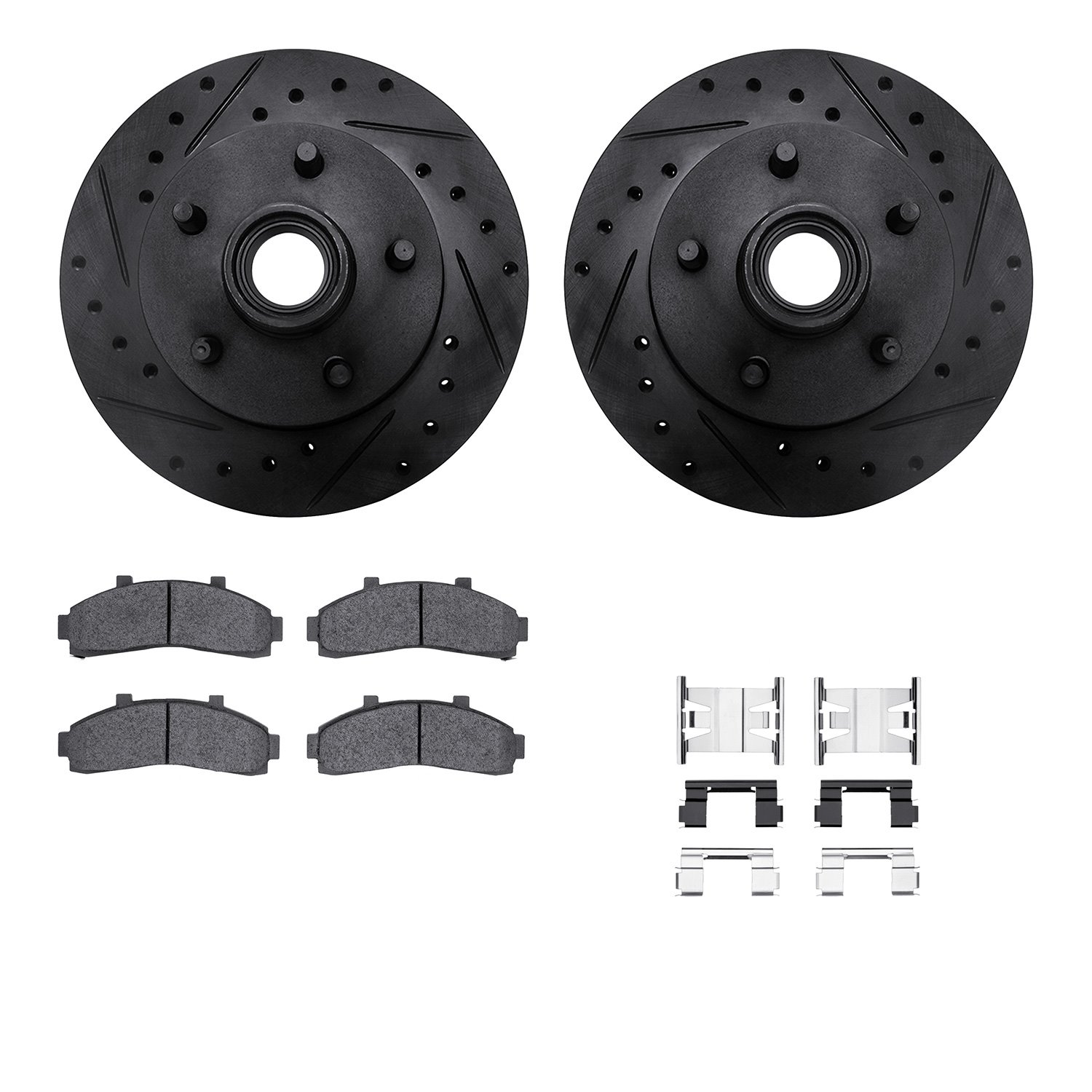 8212-99121 Drilled/Slotted Rotors w/Heavy-Duty Brake Pads Kit & Hardware [Black], 1995-1997 Ford/Lincoln/Mercury/Mazda, Position