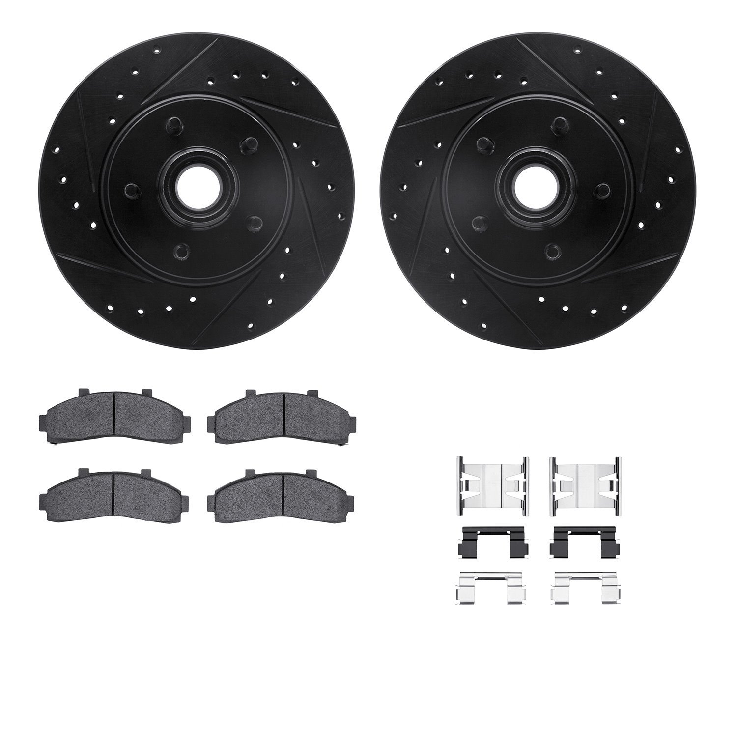 8212-99123 Drilled/Slotted Rotors w/Heavy-Duty Brake Pads Kit & Hardware [Black], 1995-2002 Ford/Lincoln/Mercury/Mazda, Position