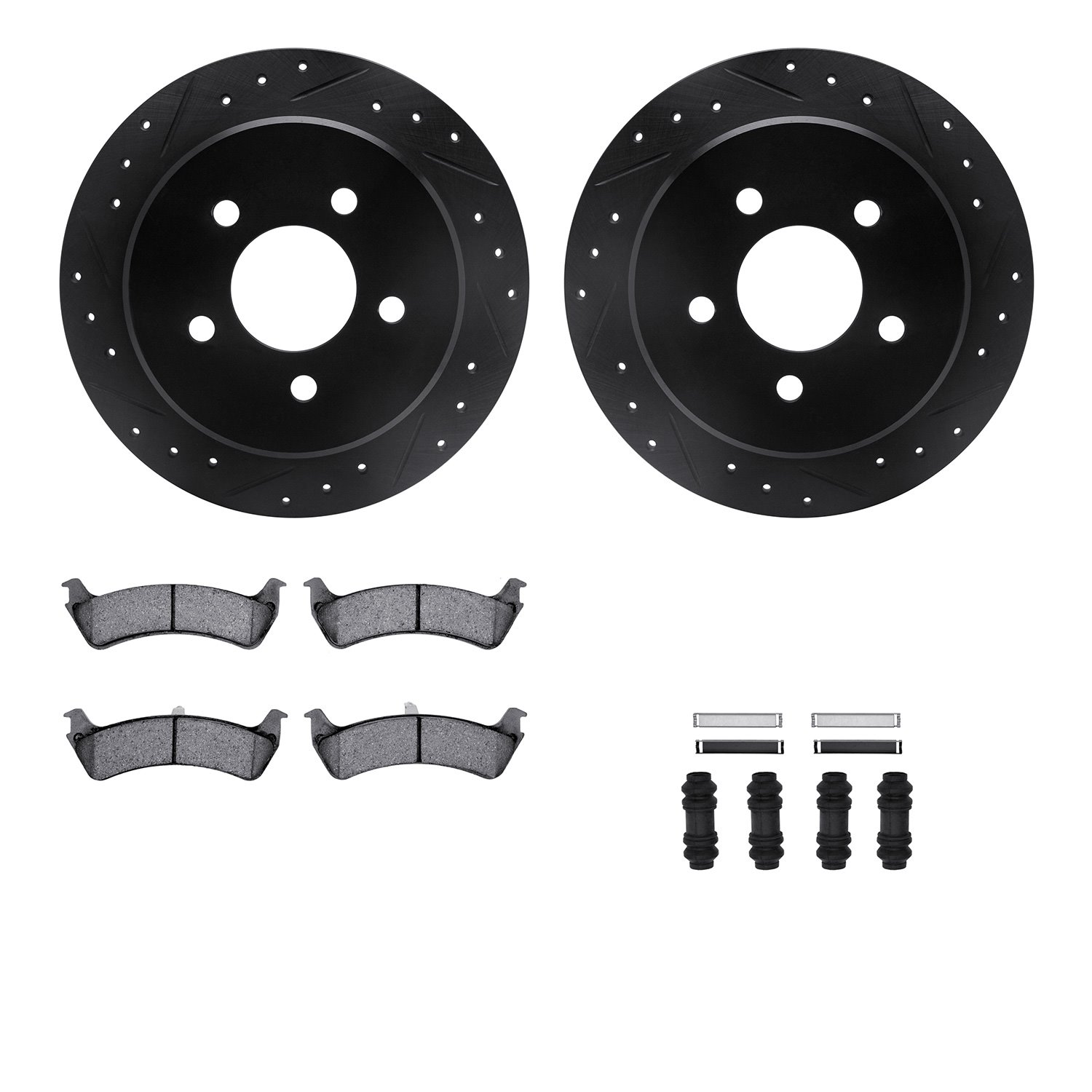8212-99127 Drilled/Slotted Rotors w/Heavy-Duty Brake Pads Kit & Hardware [Black], 1995-2002 Ford/Lincoln/Mercury/Mazda, Position