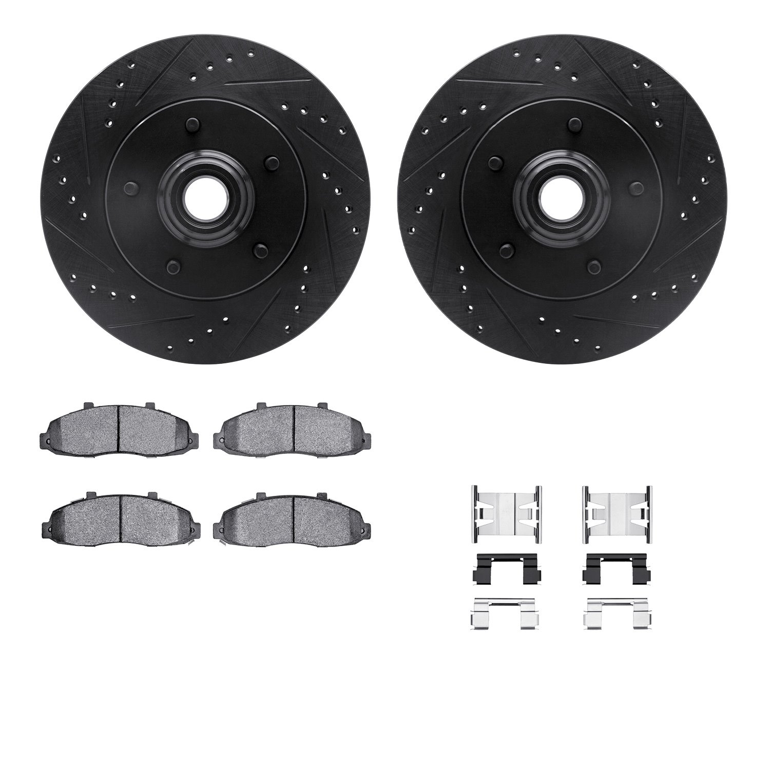 8212-99130 Drilled/Slotted Rotors w/Heavy-Duty Brake Pads Kit & Hardware [Black], 1997-1999 Ford/Lincoln/Mercury/Mazda, Position