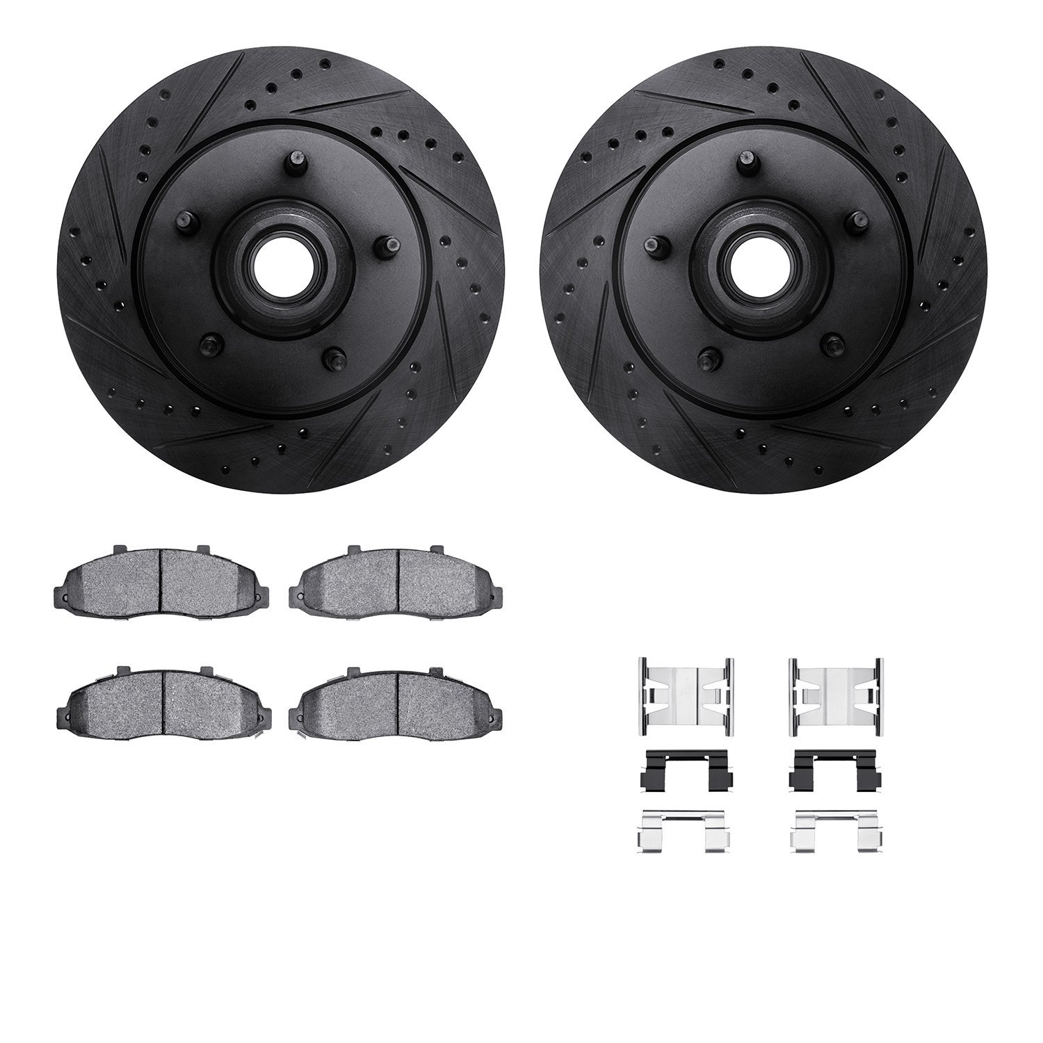 8212-99132 Drilled/Slotted Rotors w/Heavy-Duty Brake Pads Kit & Hardware [Black], 1997-1999 Ford/Lincoln/Mercury/Mazda, Position