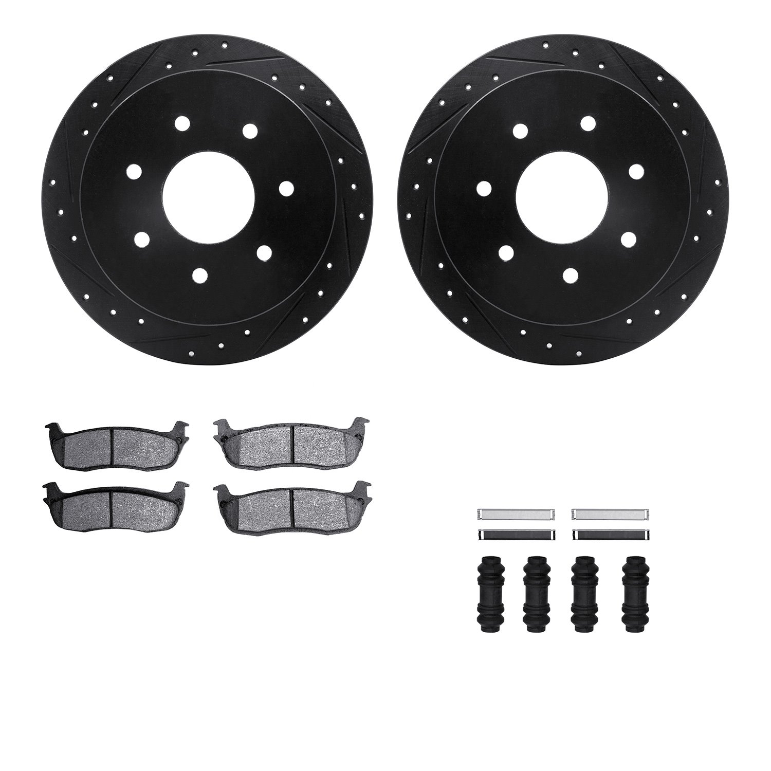 8212-99137 Drilled/Slotted Rotors w/Heavy-Duty Brake Pads Kit & Hardware [Black], 1997-2004 Ford/Lincoln/Mercury/Mazda, Position