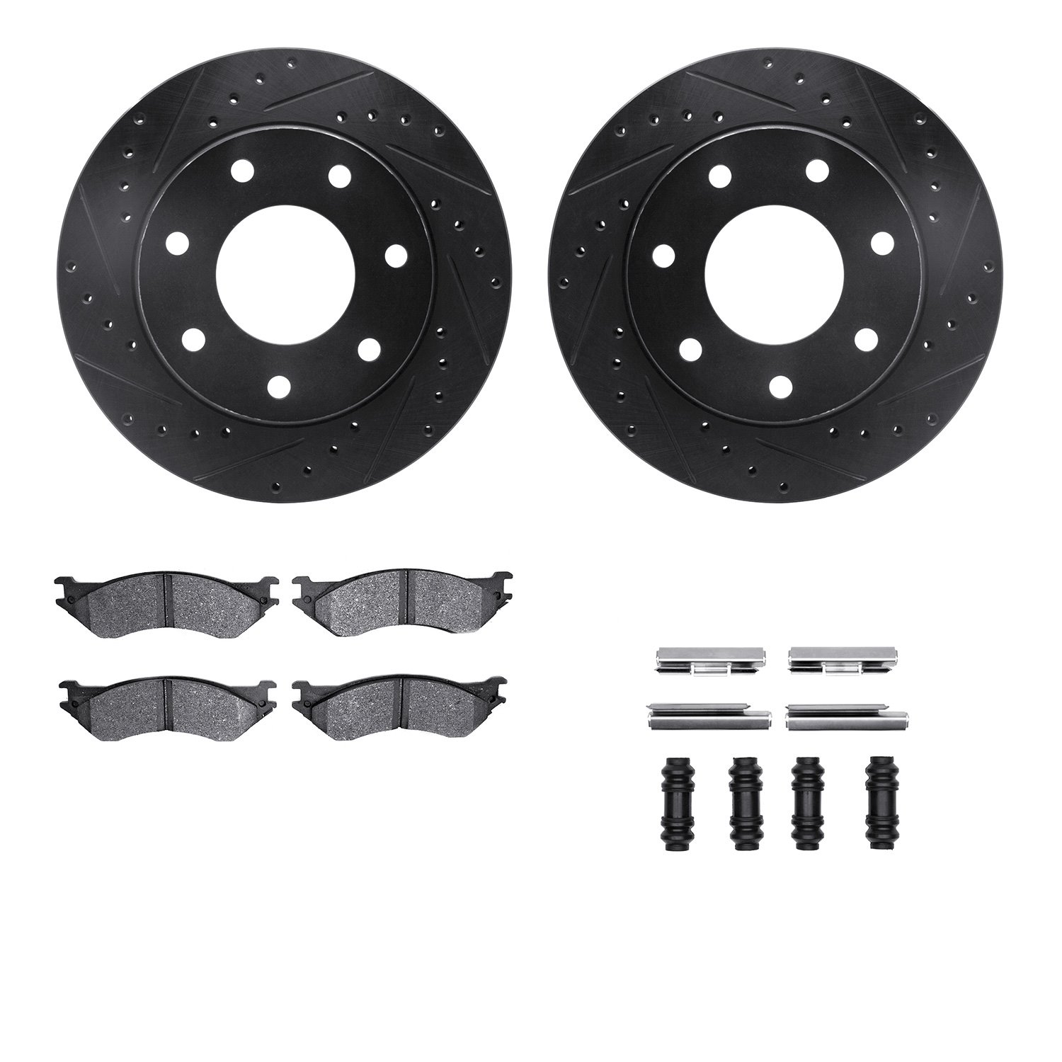 8212-99138 Drilled/Slotted Rotors w/Heavy-Duty Brake Pads Kit & Hardware [Black], 1997-2004 Ford/Lincoln/Mercury/Mazda, Position