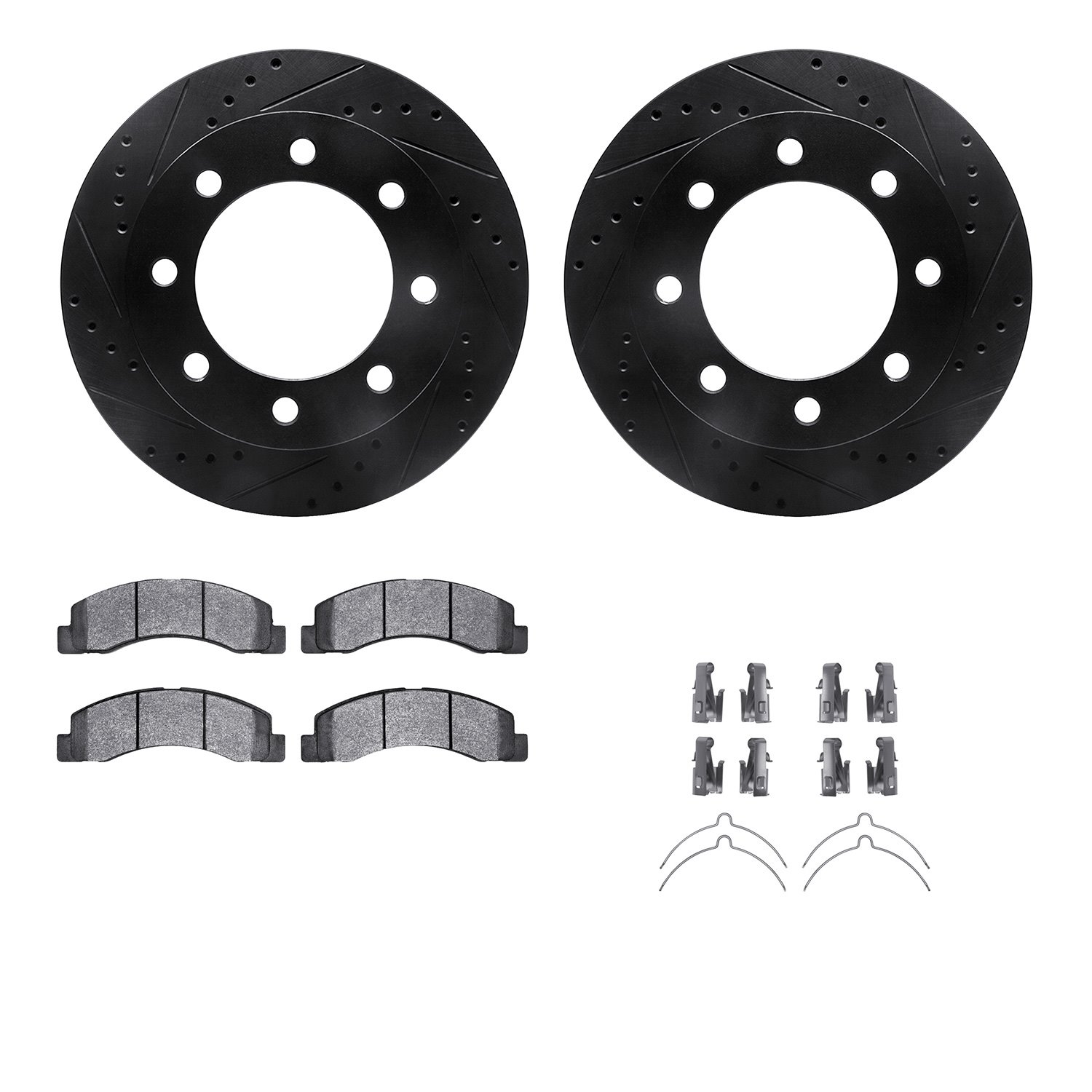 8212-99143 Drilled/Slotted Rotors w/Heavy-Duty Brake Pads Kit & Hardware [Black], 1999-1999 Ford/Lincoln/Mercury/Mazda, Position
