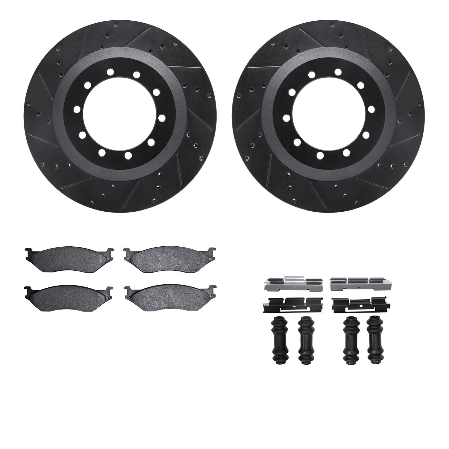 8212-99145 Drilled/Slotted Rotors w/Heavy-Duty Brake Pads Kit & Hardware [Black], 1999-2004 Ford/Lincoln/Mercury/Mazda, Position