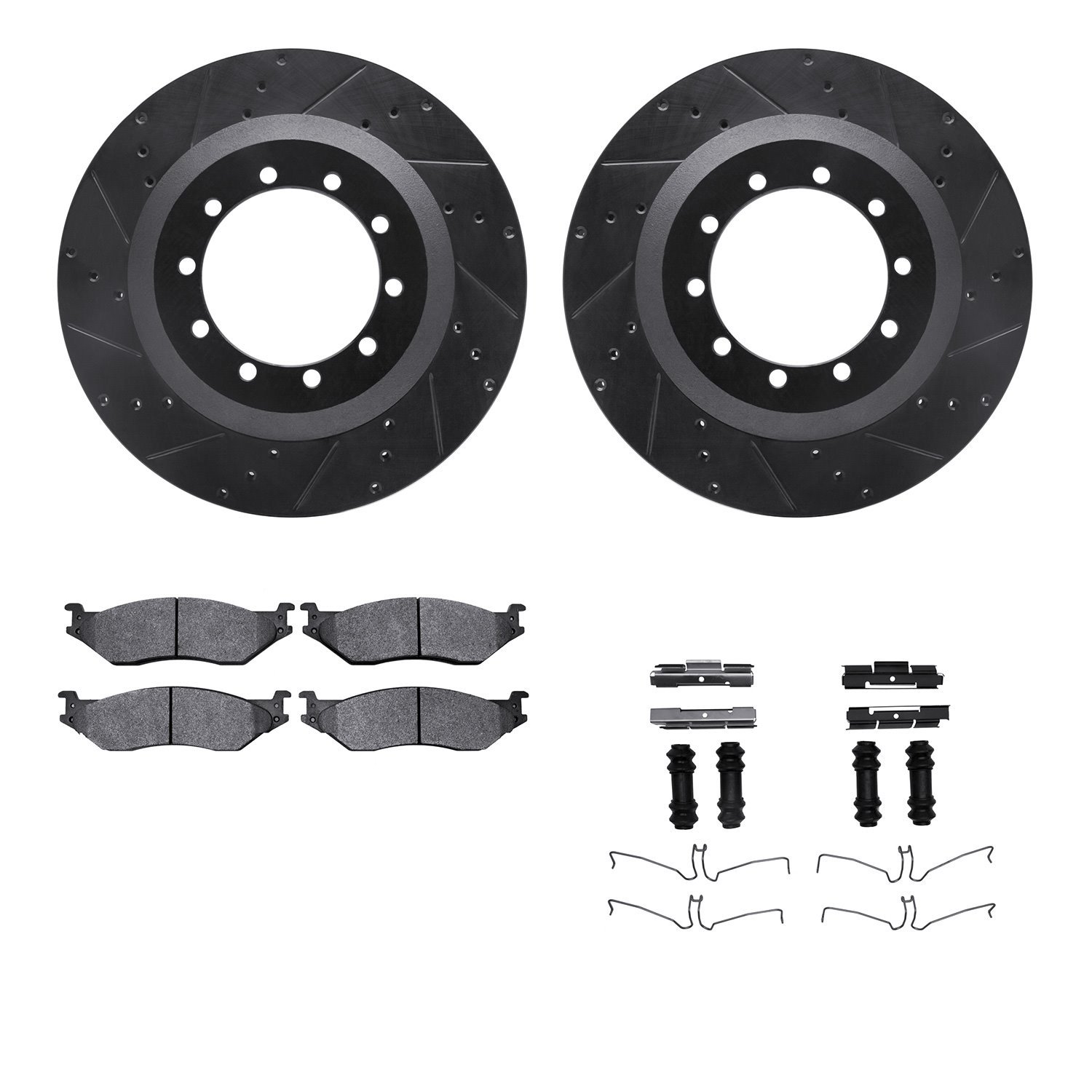 8212-99146 Drilled/Slotted Rotors w/Heavy-Duty Brake Pads Kit & Hardware [Black], 2006-2019 Ford/Lincoln/Mercury/Mazda, Position