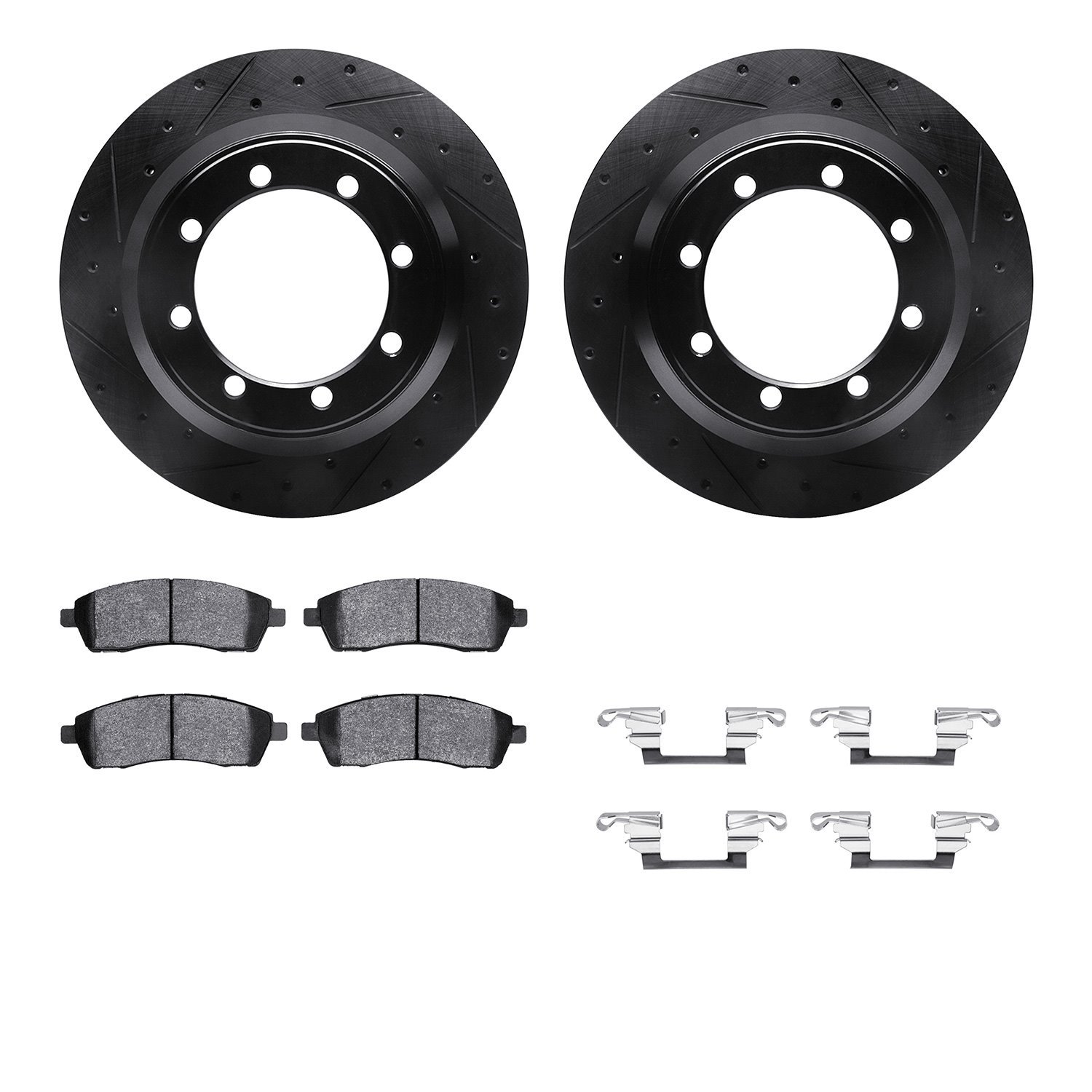 8212-99149 Drilled/Slotted Rotors w/Heavy-Duty Brake Pads Kit & Hardware [Black], 1999-2004 Ford/Lincoln/Mercury/Mazda, Position