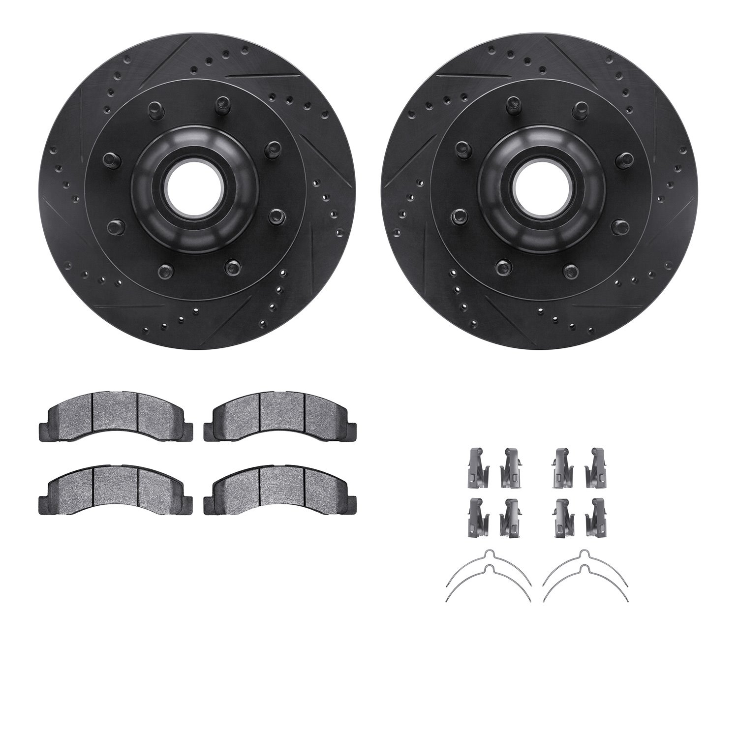 8212-99151 Drilled/Slotted Rotors w/Heavy-Duty Brake Pads Kit & Hardware [Black], 1999-2002 Ford/Lincoln/Mercury/Mazda, Position