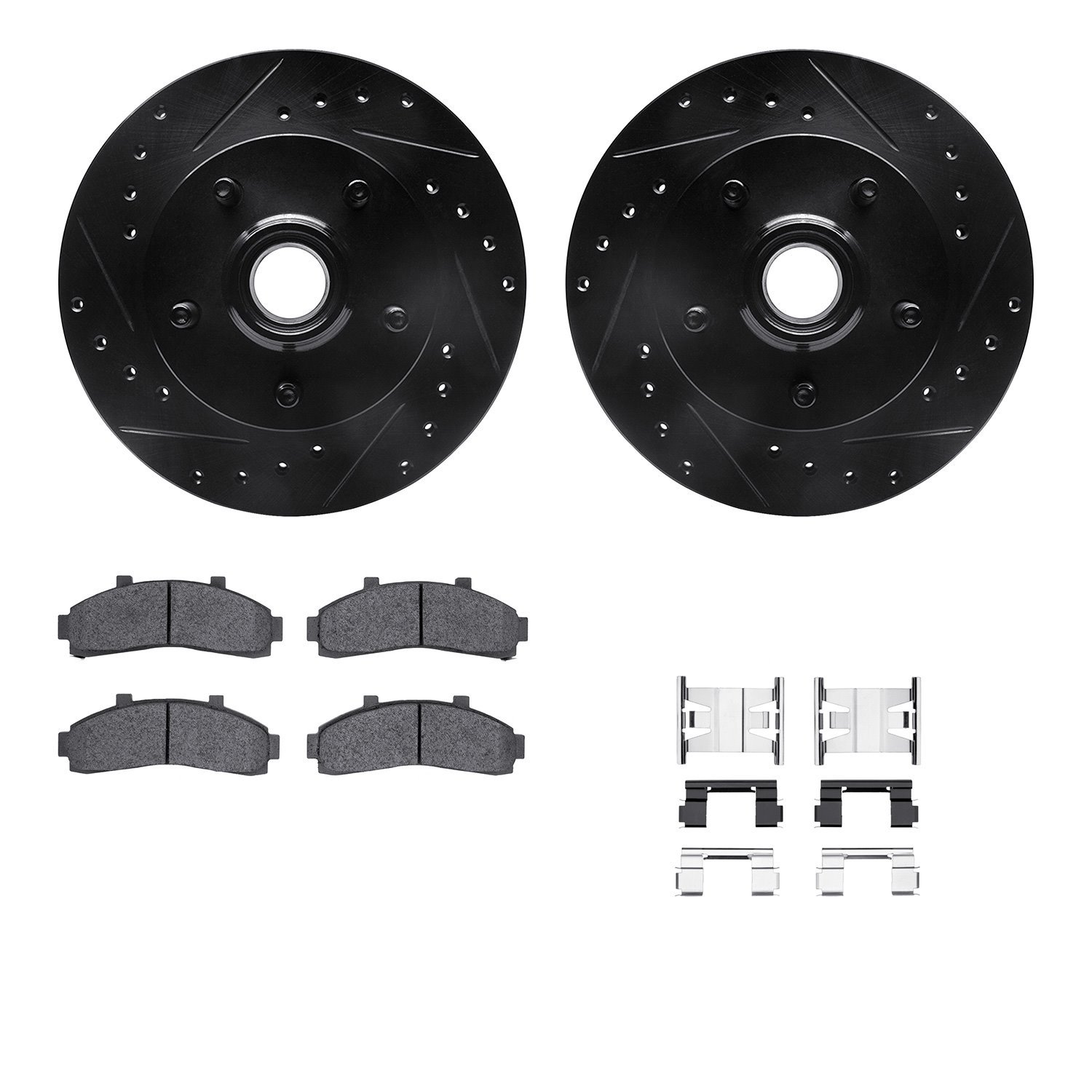 8212-99154 Drilled/Slotted Rotors w/Heavy-Duty Brake Pads Kit & Hardware [Black], 1998-2002 Ford/Lincoln/Mercury/Mazda, Position