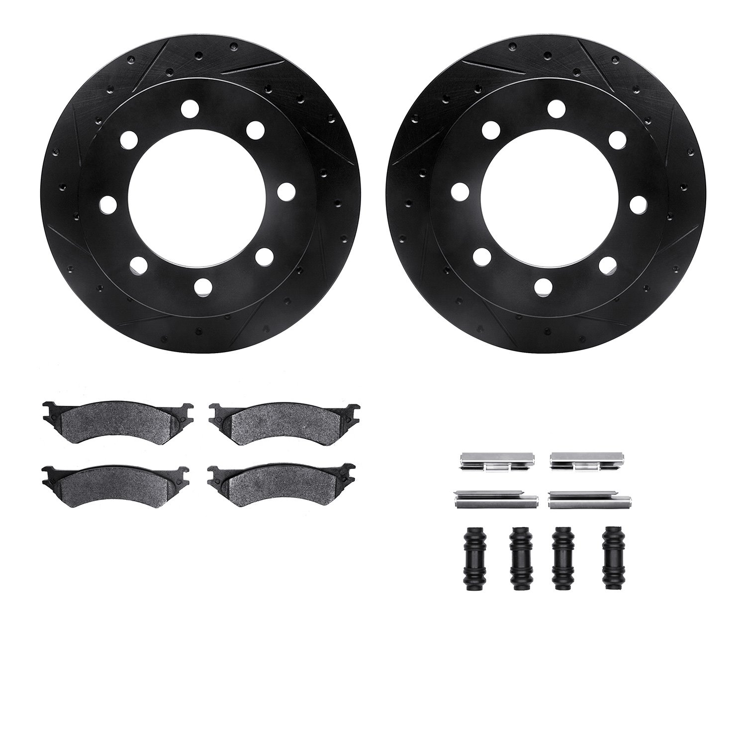 8212-99156 Drilled/Slotted Rotors w/Heavy-Duty Brake Pads Kit & Hardware [Black], 1999-2007 Ford/Lincoln/Mercury/Mazda, Position