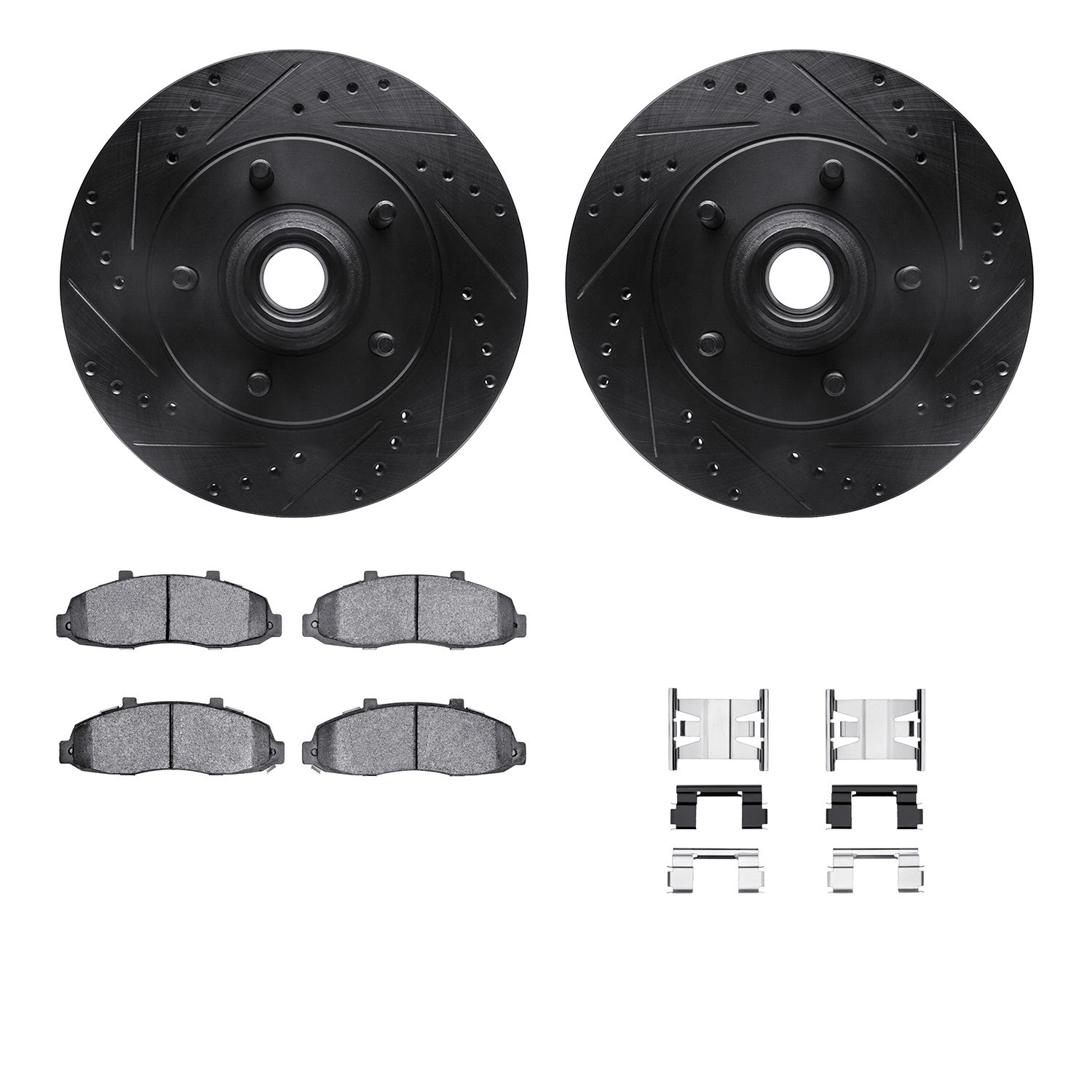 8212-99158 Drilled/Slotted Rotors w/Heavy-Duty Brake Pads Kit & Hardware [Black], 2000-2004 Ford/Lincoln/Mercury/Mazda, Position