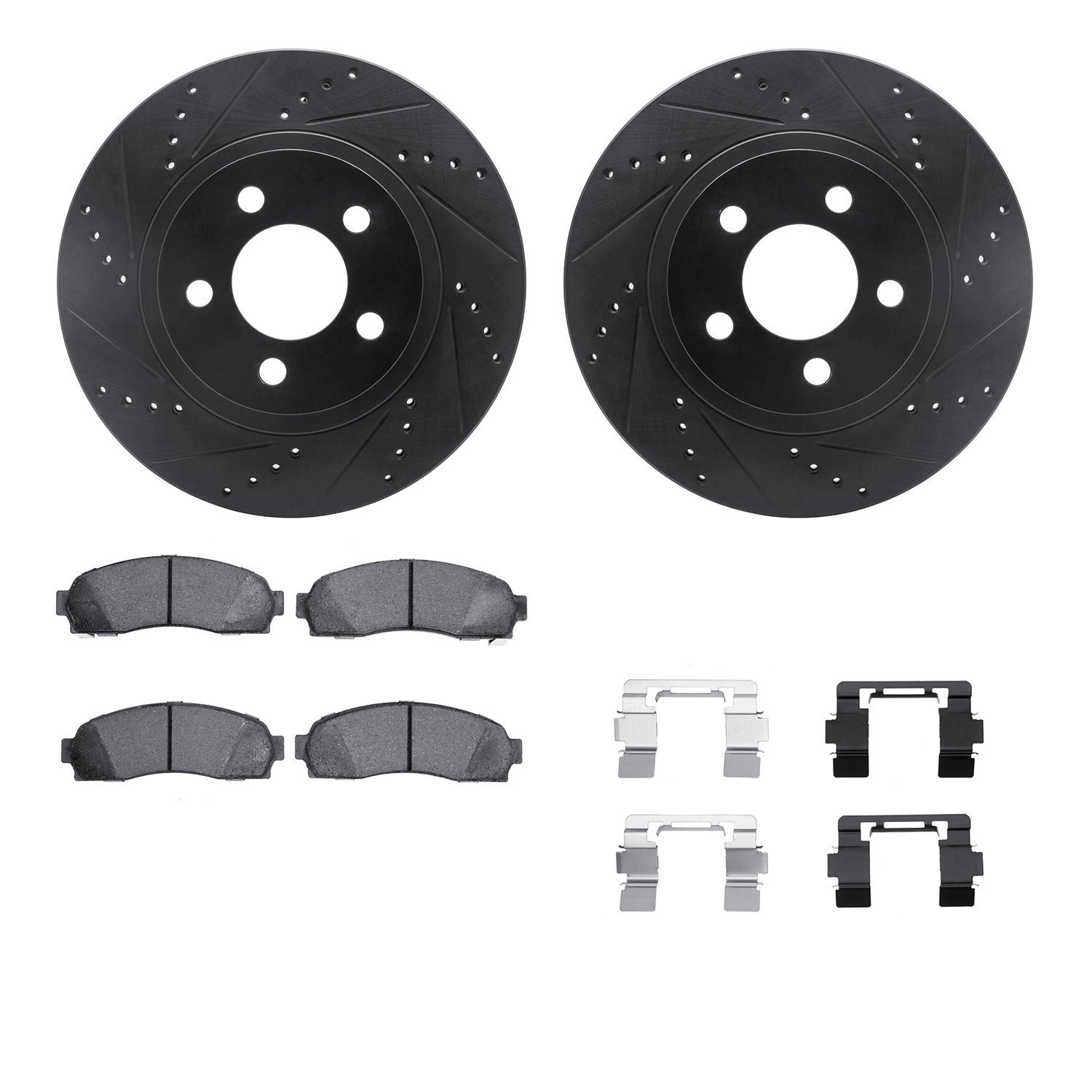 8212-99163 Drilled/Slotted Rotors w/Heavy-Duty Brake Pads Kit & Hardware [Black], 2003-2011 Ford/Lincoln/Mercury/Mazda, Position
