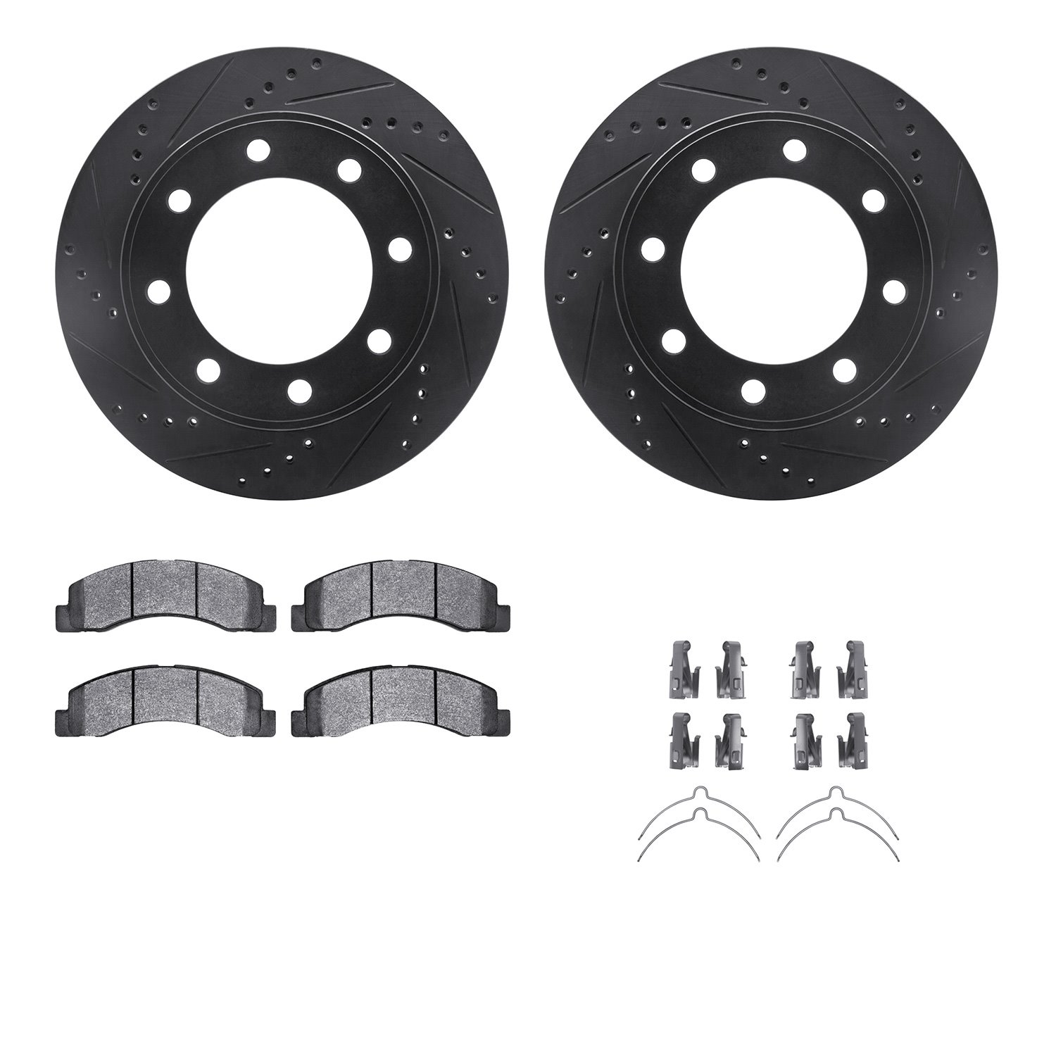 8212-99168 Drilled/Slotted Rotors w/Heavy-Duty Brake Pads Kit & Hardware [Black], 1999-2005 Ford/Lincoln/Mercury/Mazda, Position