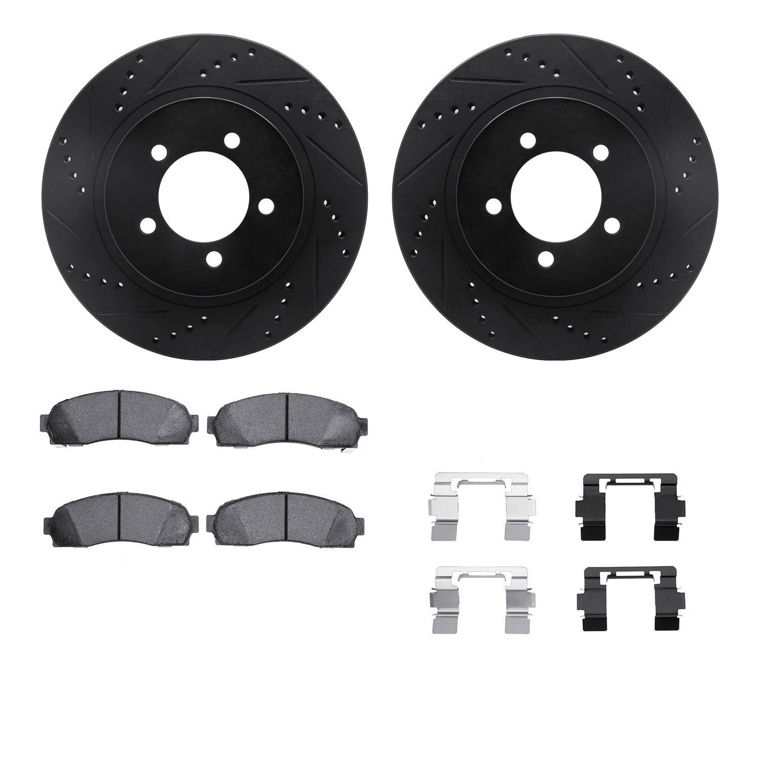 8212-99175 Drilled/Slotted Rotors w/Heavy-Duty Brake Pads Kit & Hardware [Black], 2002-2005 Ford/Lincoln/Mercury/Mazda, Position