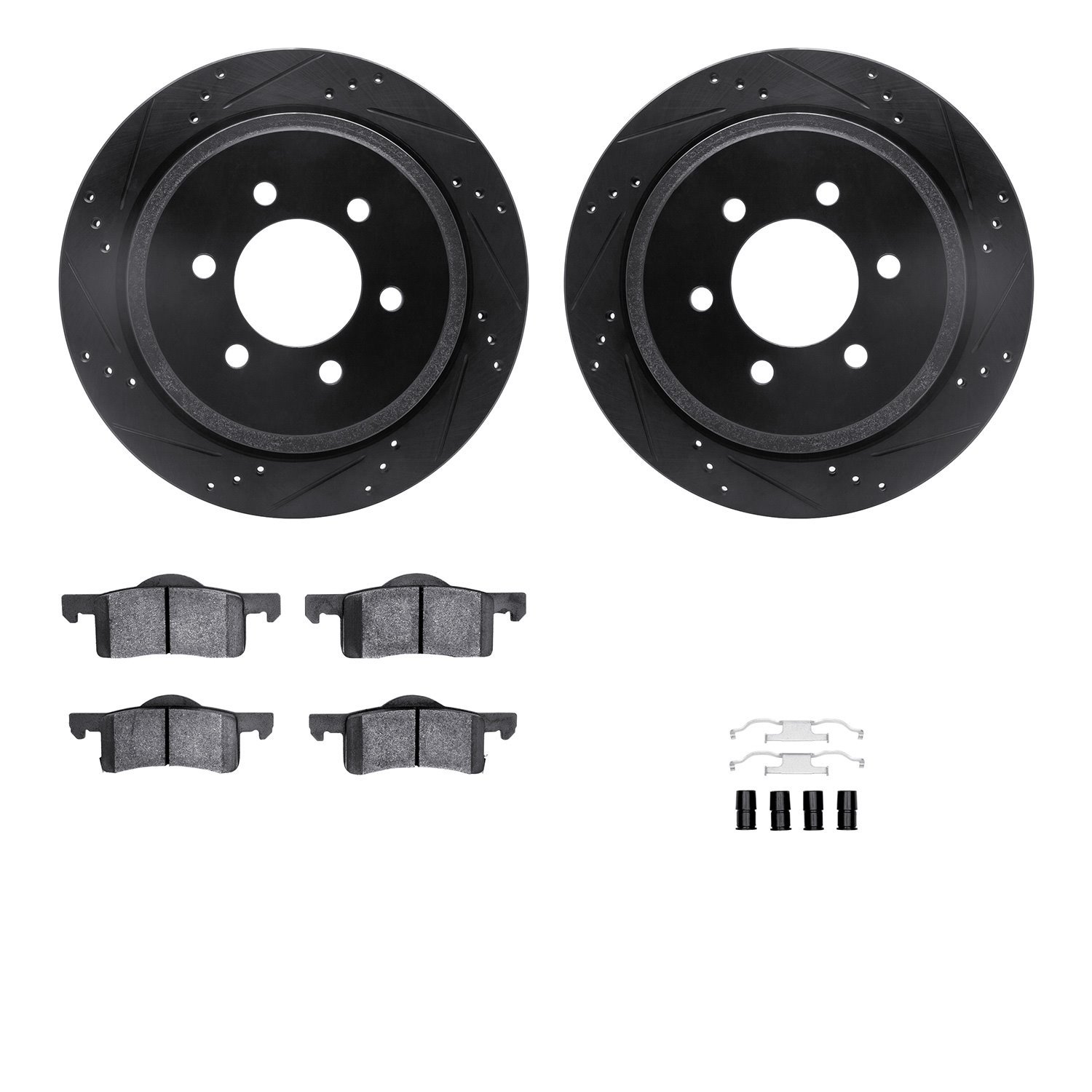 8212-99179 Drilled/Slotted Rotors w/Heavy-Duty Brake Pads Kit & Hardware [Black], 2002-2006 Ford/Lincoln/Mercury/Mazda, Position