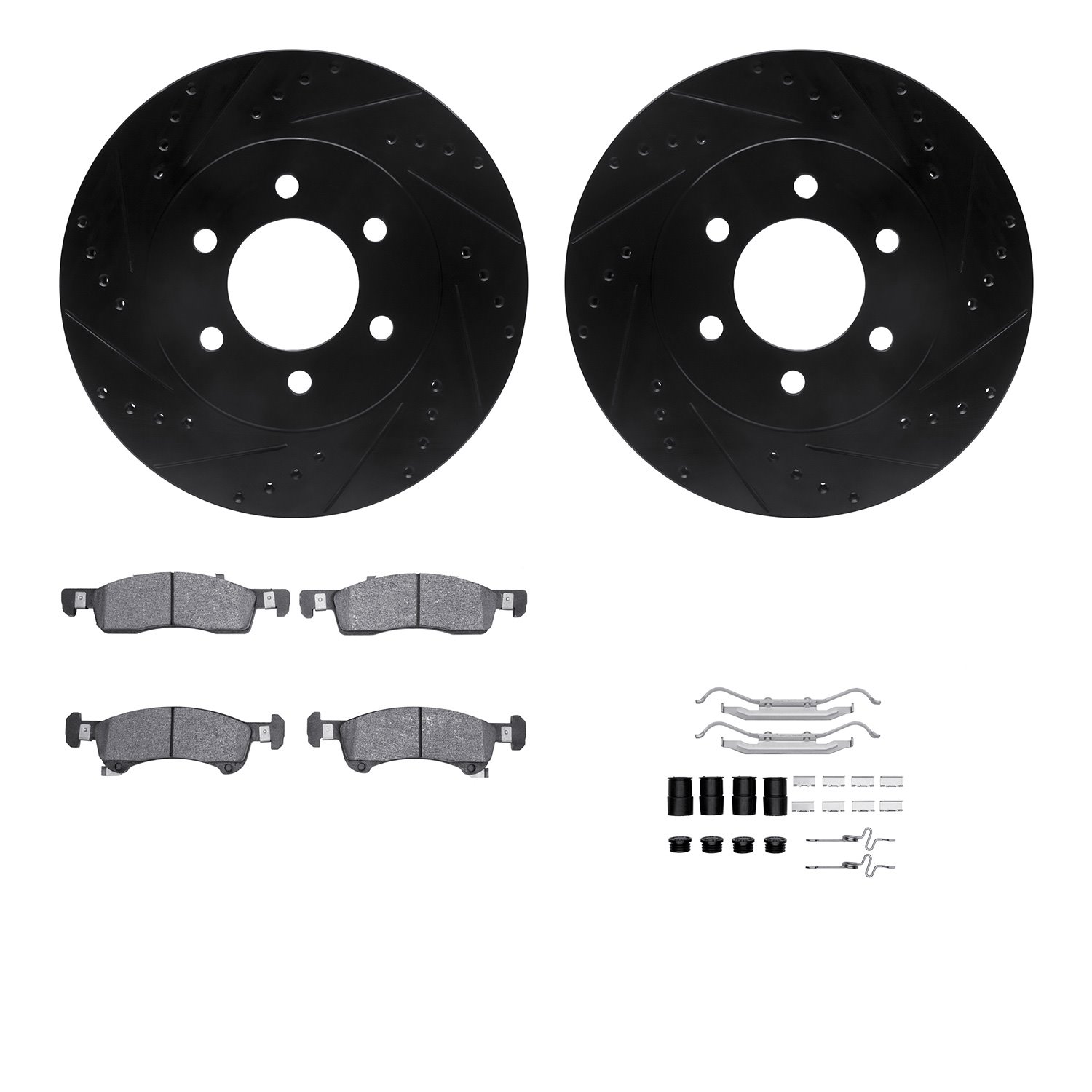 8212-99181 Drilled/Slotted Rotors w/Heavy-Duty Brake Pads Kit & Hardware [Black], 2002-2006 Ford/Lincoln/Mercury/Mazda, Position