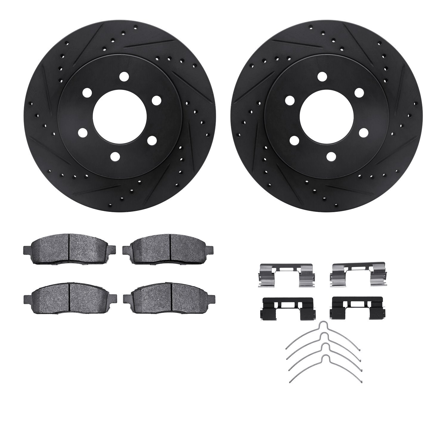 8212-99184 Drilled/Slotted Rotors w/Heavy-Duty Brake Pads Kit & Hardware [Black], 2004-2008 Ford/Lincoln/Mercury/Mazda, Position