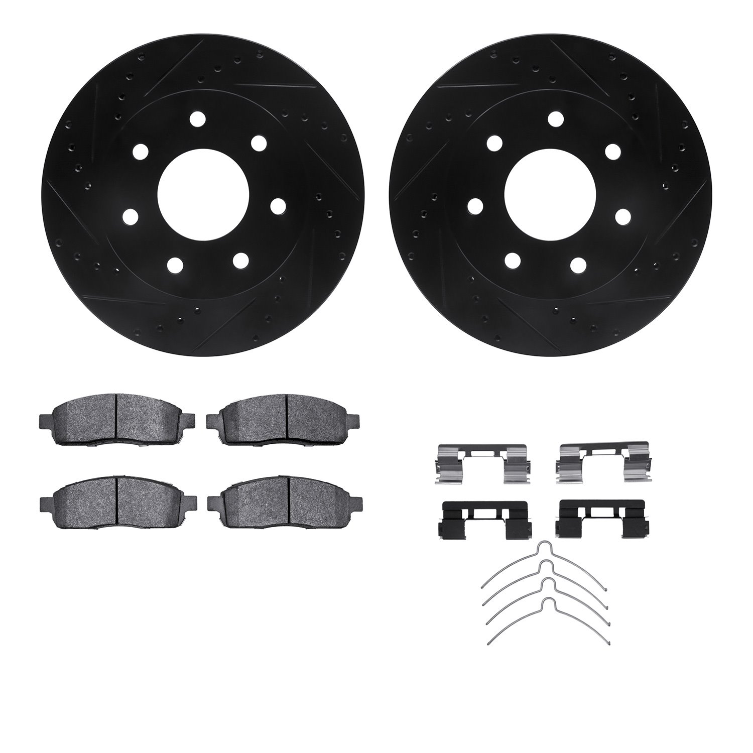 8212-99185 Drilled/Slotted Rotors w/Heavy-Duty Brake Pads Kit & Hardware [Black], 2004-2008 Ford/Lincoln/Mercury/Mazda, Position