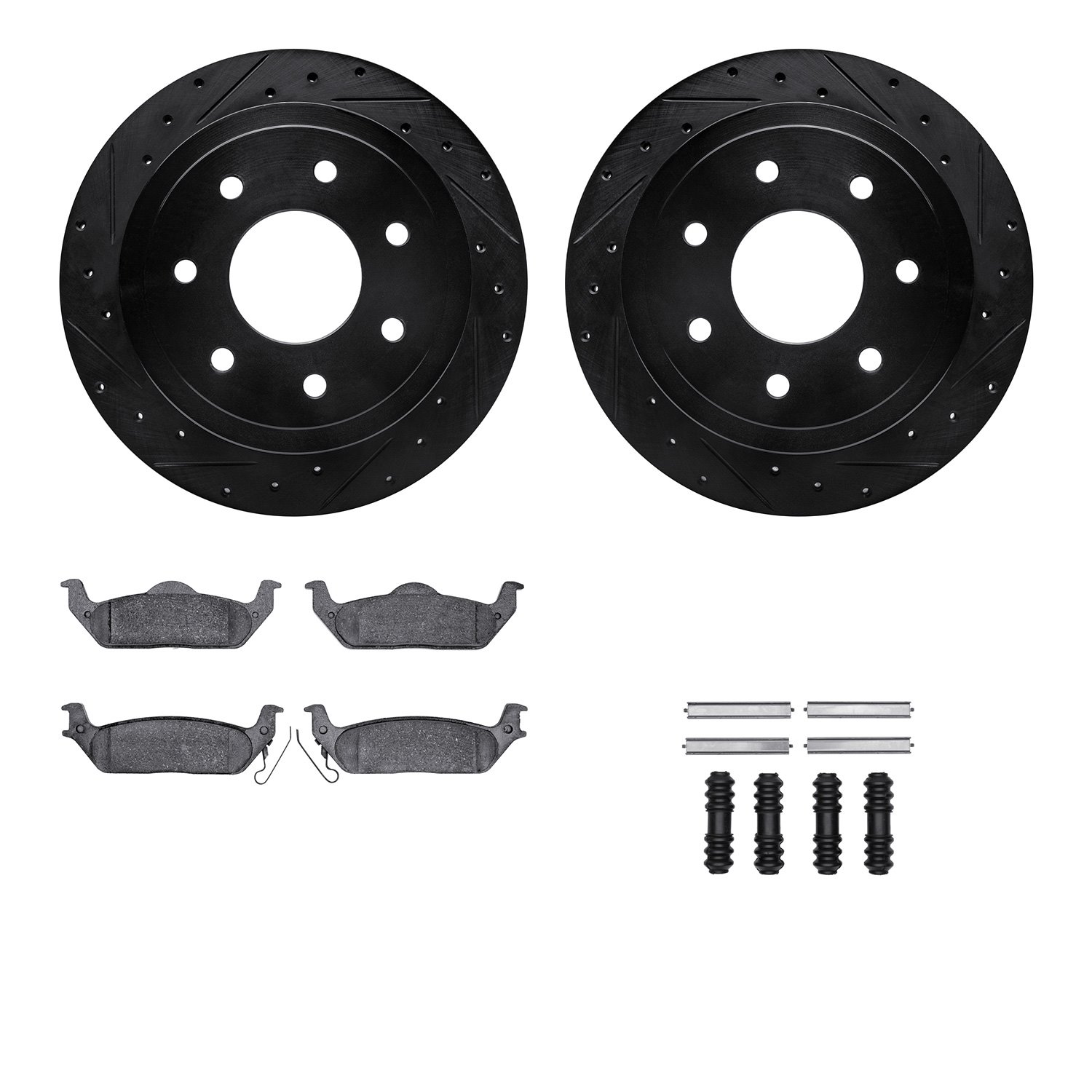 8212-99188 Drilled/Slotted Rotors w/Heavy-Duty Brake Pads Kit & Hardware [Black], 2004-2011 Ford/Lincoln/Mercury/Mazda, Position