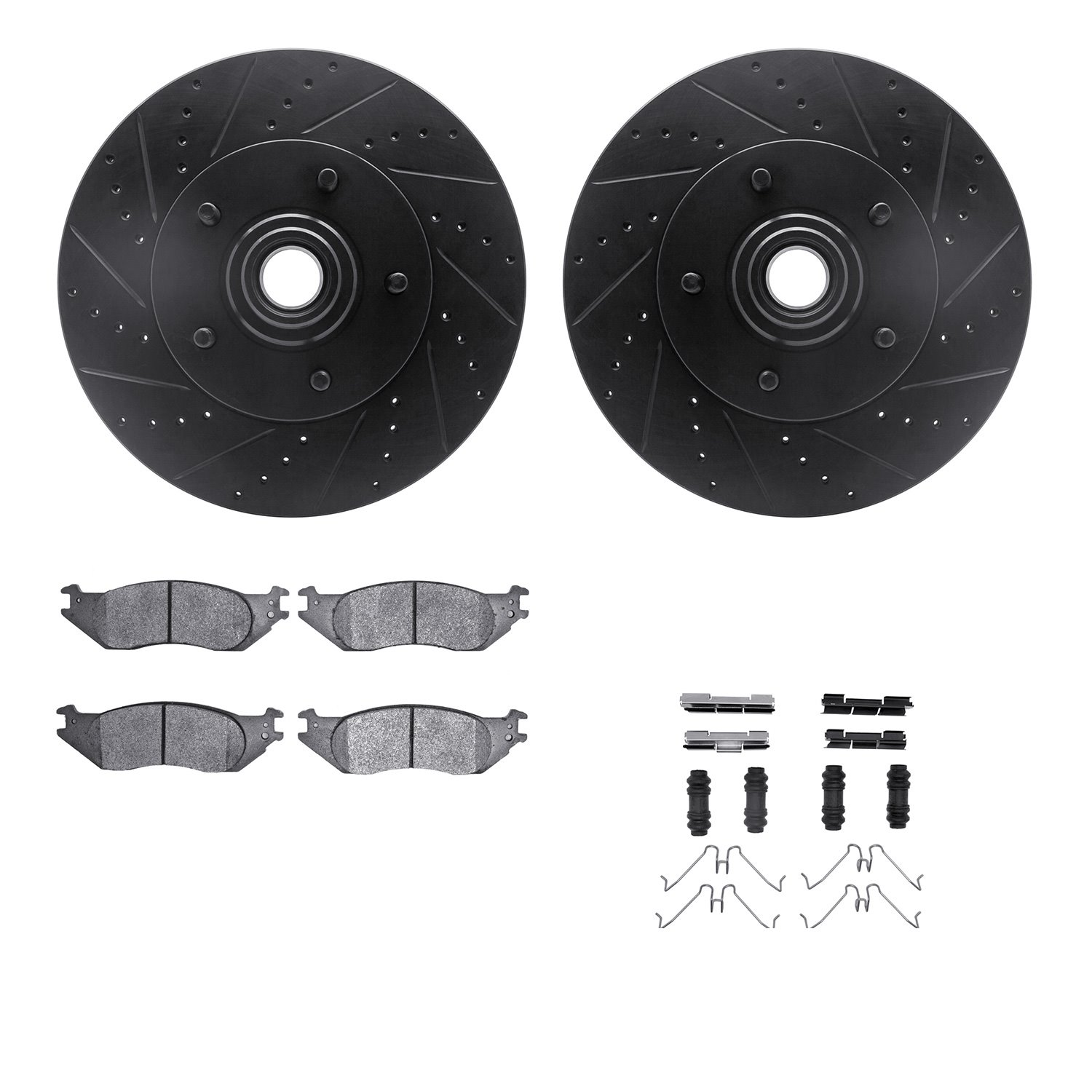 8212-99191 Drilled/Slotted Rotors w/Heavy-Duty Brake Pads Kit & Hardware [Black], 2004-2006 Ford/Lincoln/Mercury/Mazda, Position