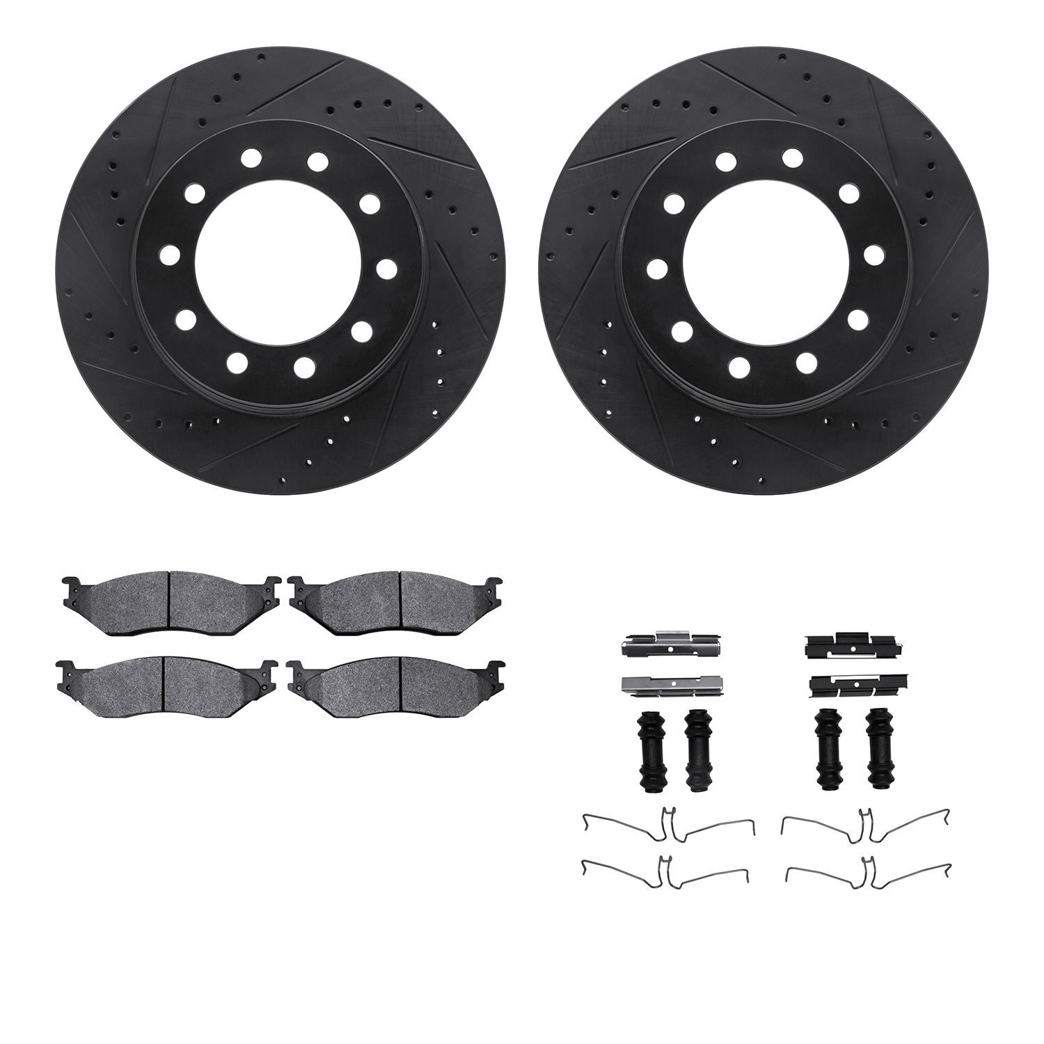8212-99199 Drilled/Slotted Rotors w/Heavy-Duty Brake Pads Kit & Hardware [Black], 2005-2016 Ford/Lincoln/Mercury/Mazda, Position