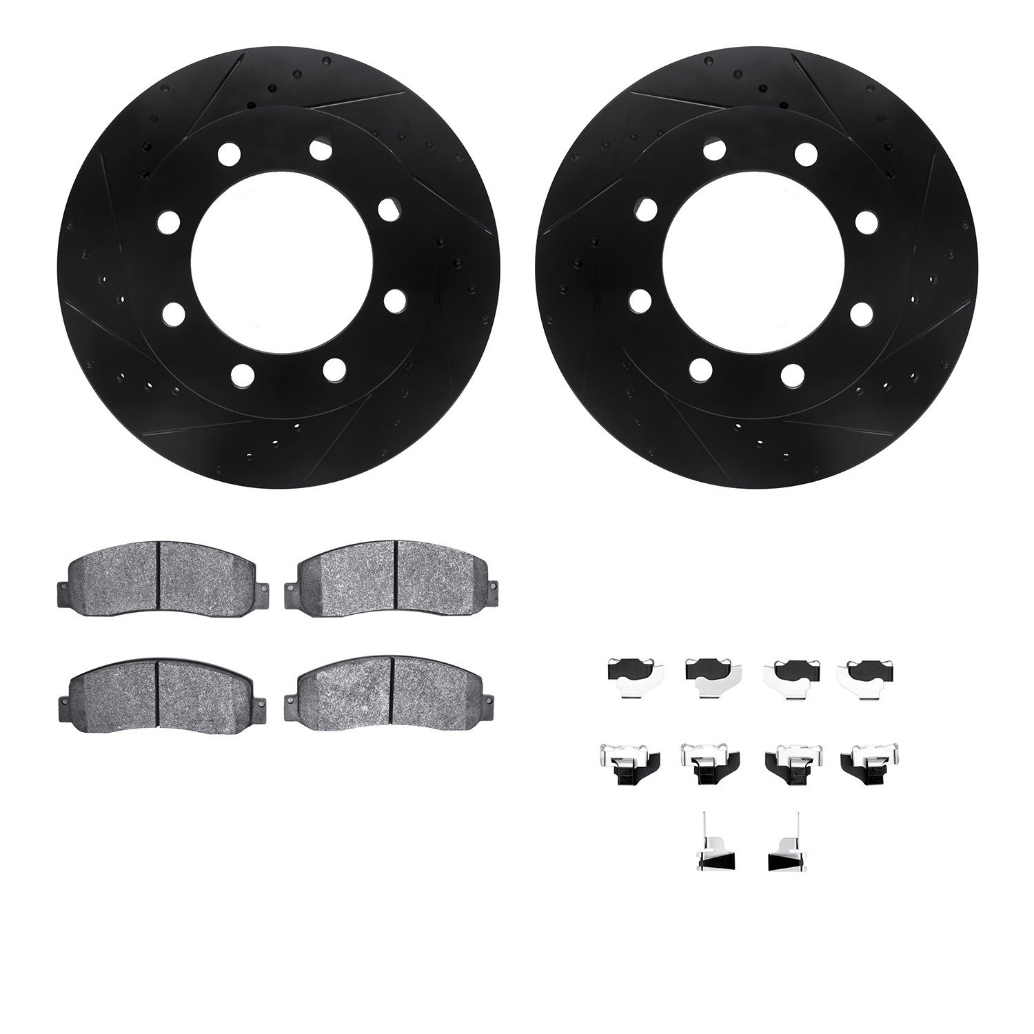8212-99200 Drilled/Slotted Rotors w/Heavy-Duty Brake Pads Kit & Hardware [Black], 2005-2011 Ford/Lincoln/Mercury/Mazda, Position