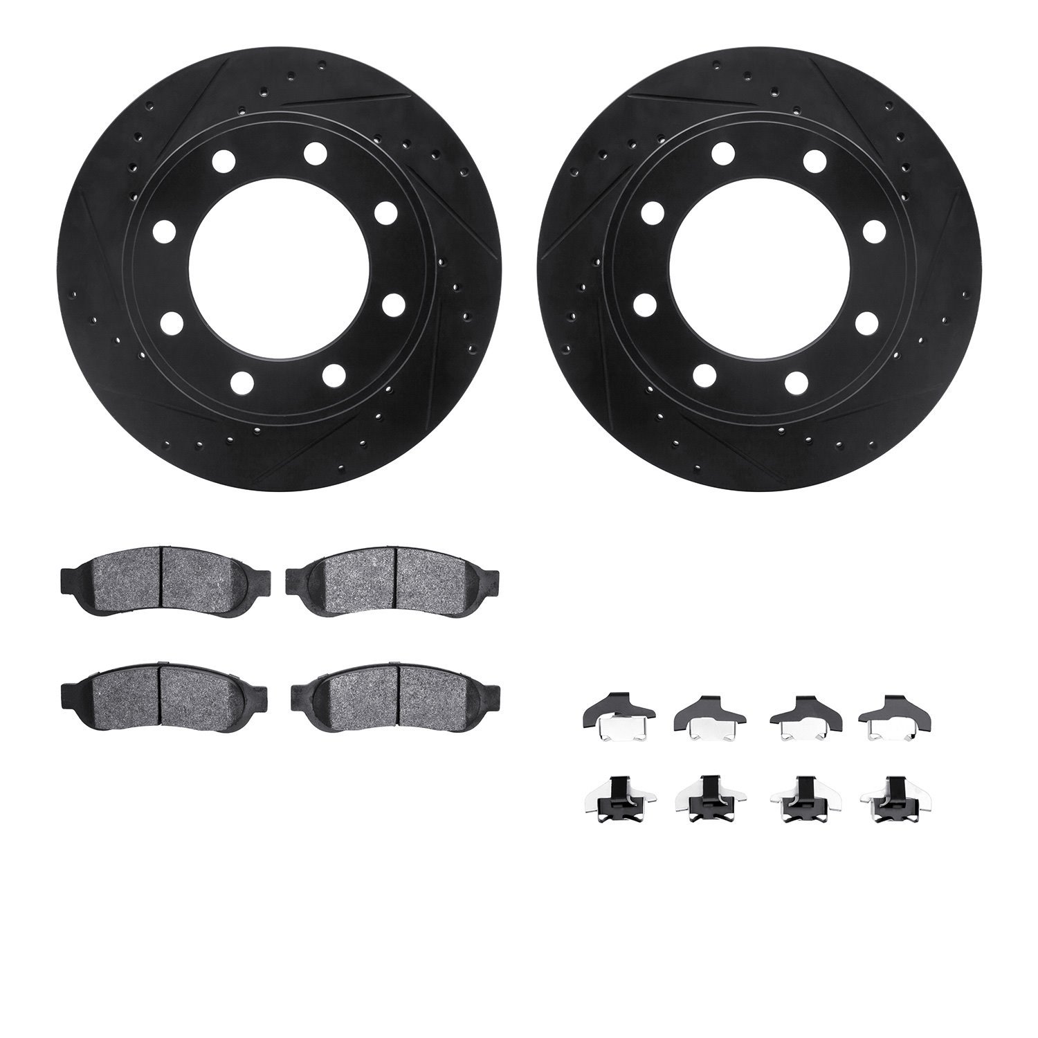 8212-99202 Drilled/Slotted Rotors w/Heavy-Duty Brake Pads Kit & Hardware [Black], 2006-2010 Ford/Lincoln/Mercury/Mazda, Position