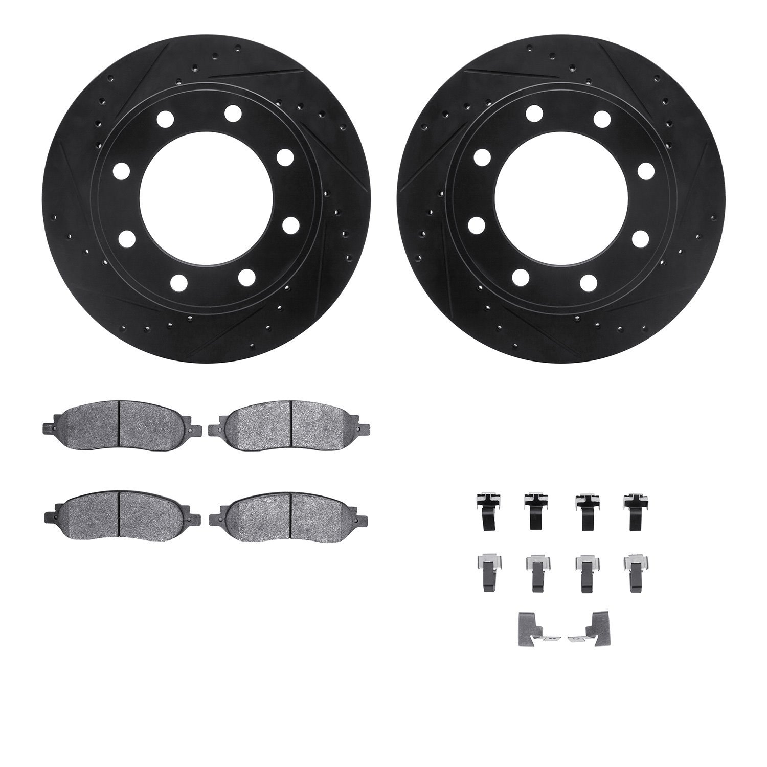 8212-99203 Drilled/Slotted Rotors w/Heavy-Duty Brake Pads Kit & Hardware [Black], 2005-2007 Ford/Lincoln/Mercury/Mazda, Position