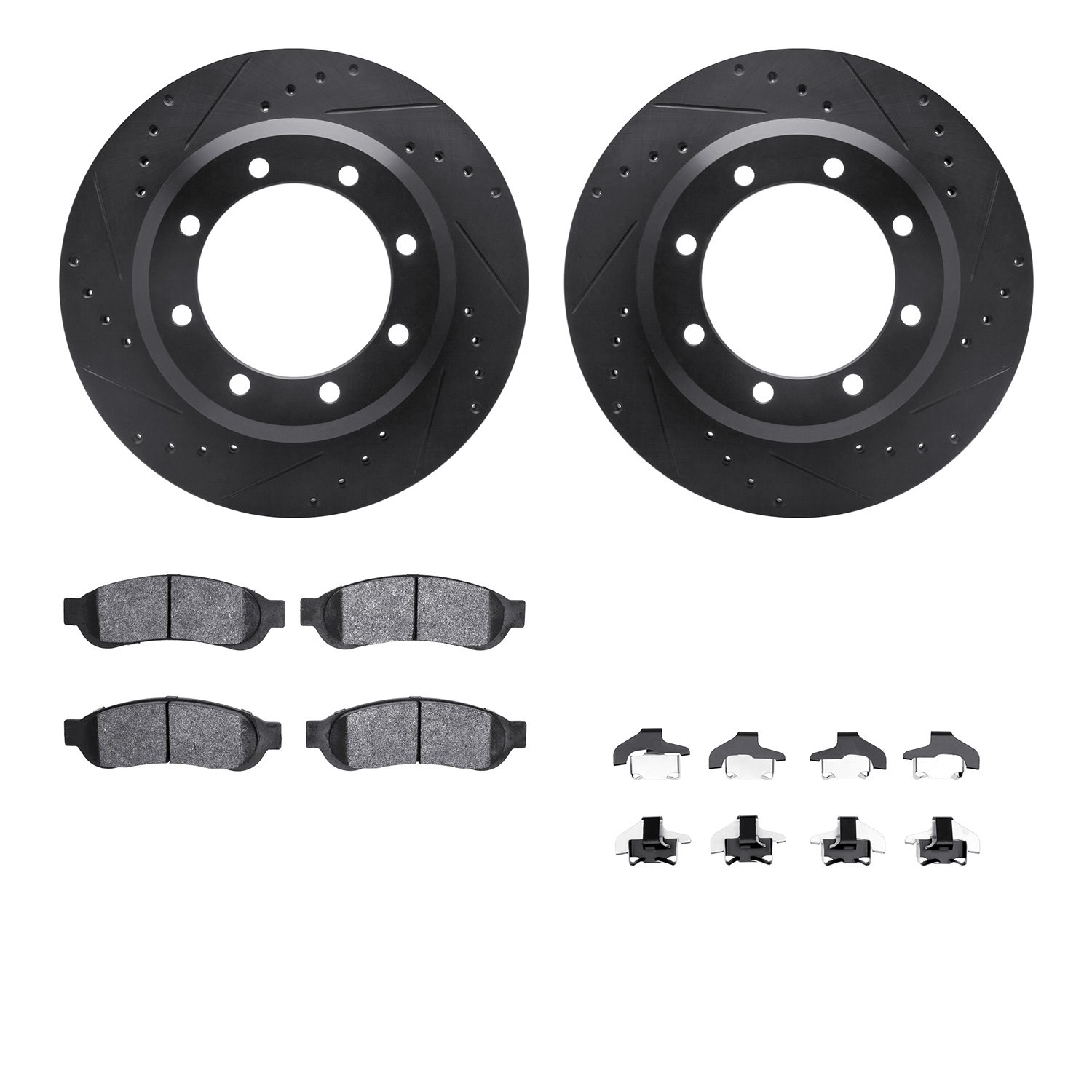 8212-99205 Drilled/Slotted Rotors w/Heavy-Duty Brake Pads Kit & Hardware [Black], 2005-2010 Ford/Lincoln/Mercury/Mazda, Position