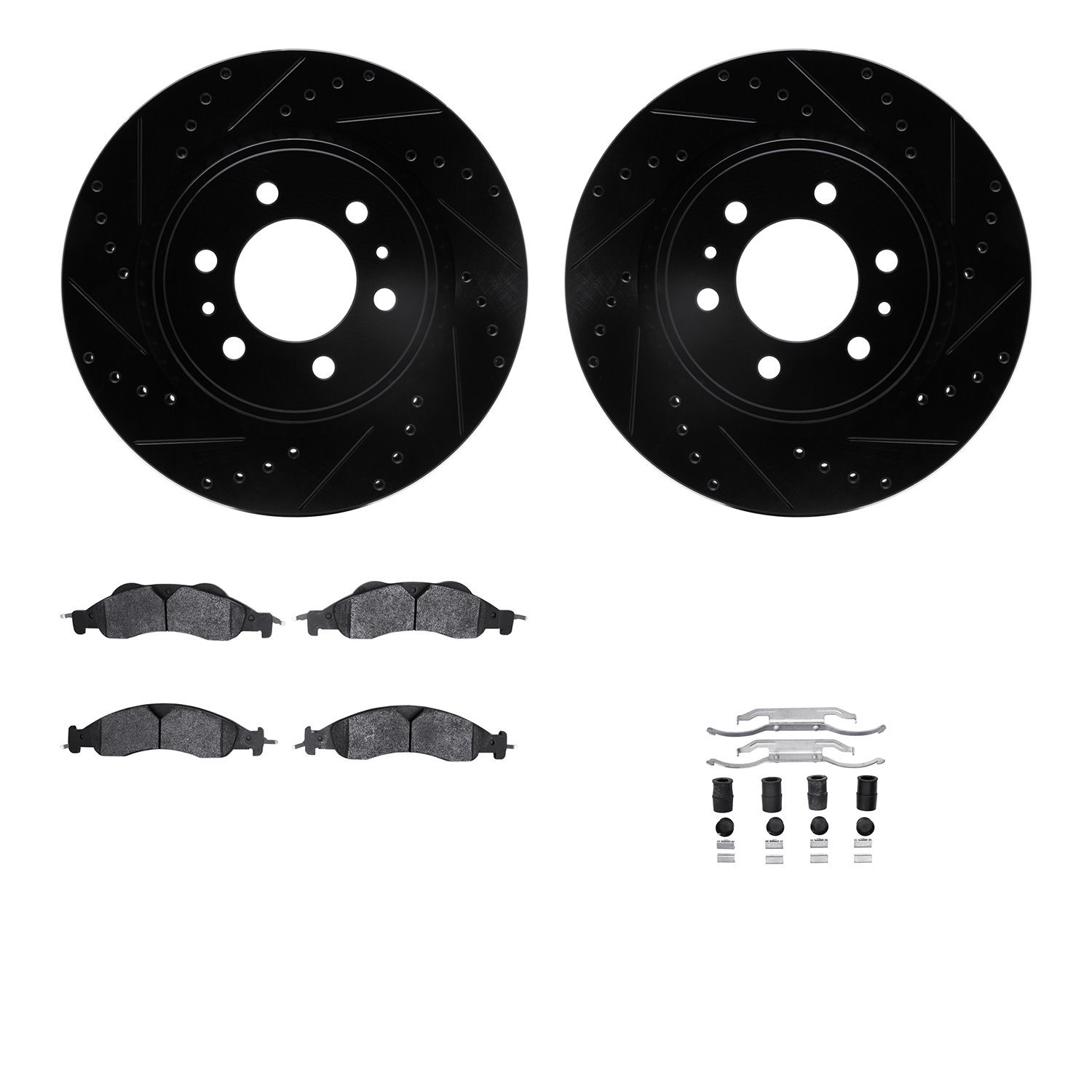 8212-99211 Drilled/Slotted Rotors w/Heavy-Duty Brake Pads Kit & Hardware [Black], 2007-2009 Ford/Lincoln/Mercury/Mazda, Position