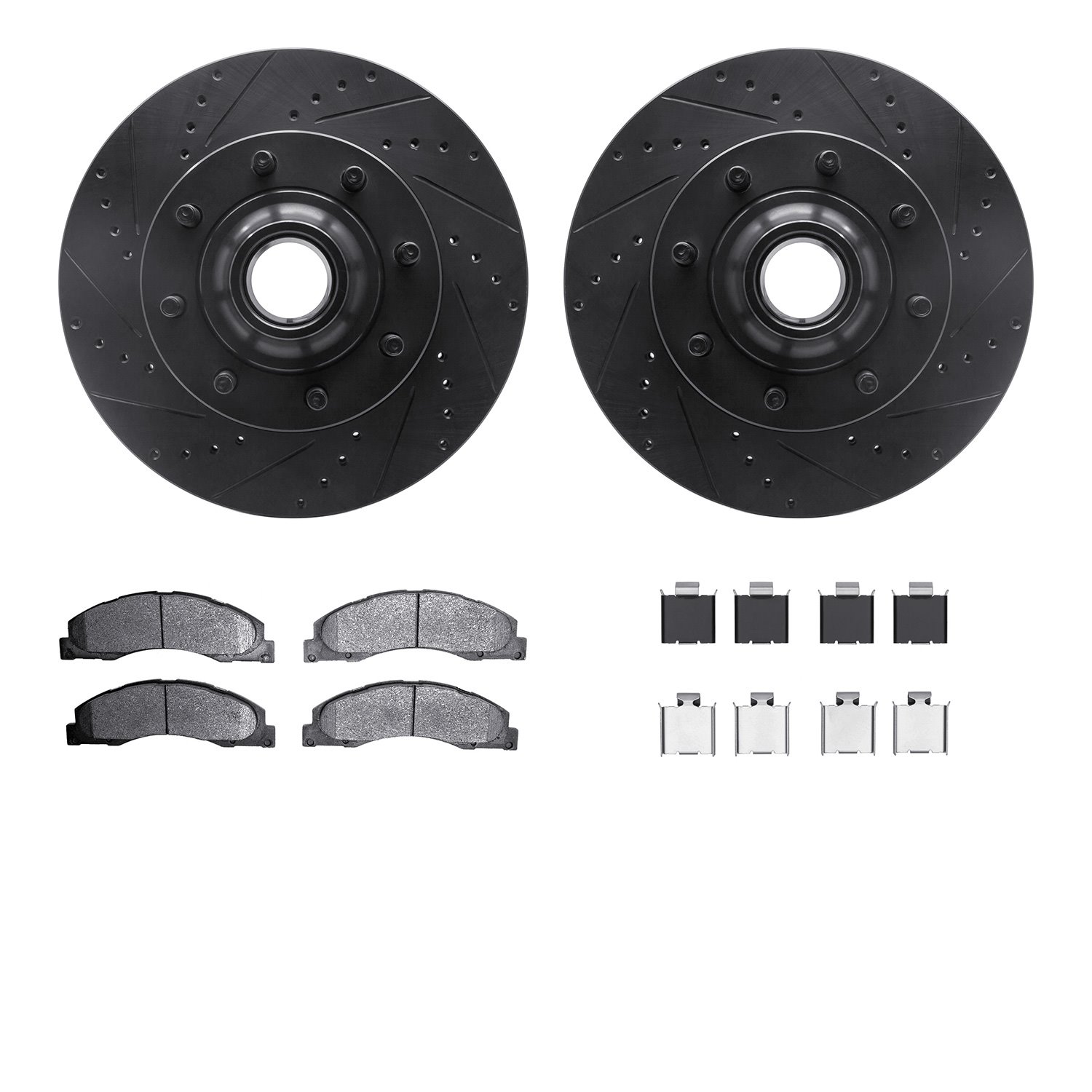 8212-99220 Drilled/Slotted Rotors w/Heavy-Duty Brake Pads Kit & Hardware [Black], Fits Select Ford/Lincoln/Mercury/Mazda, Positi