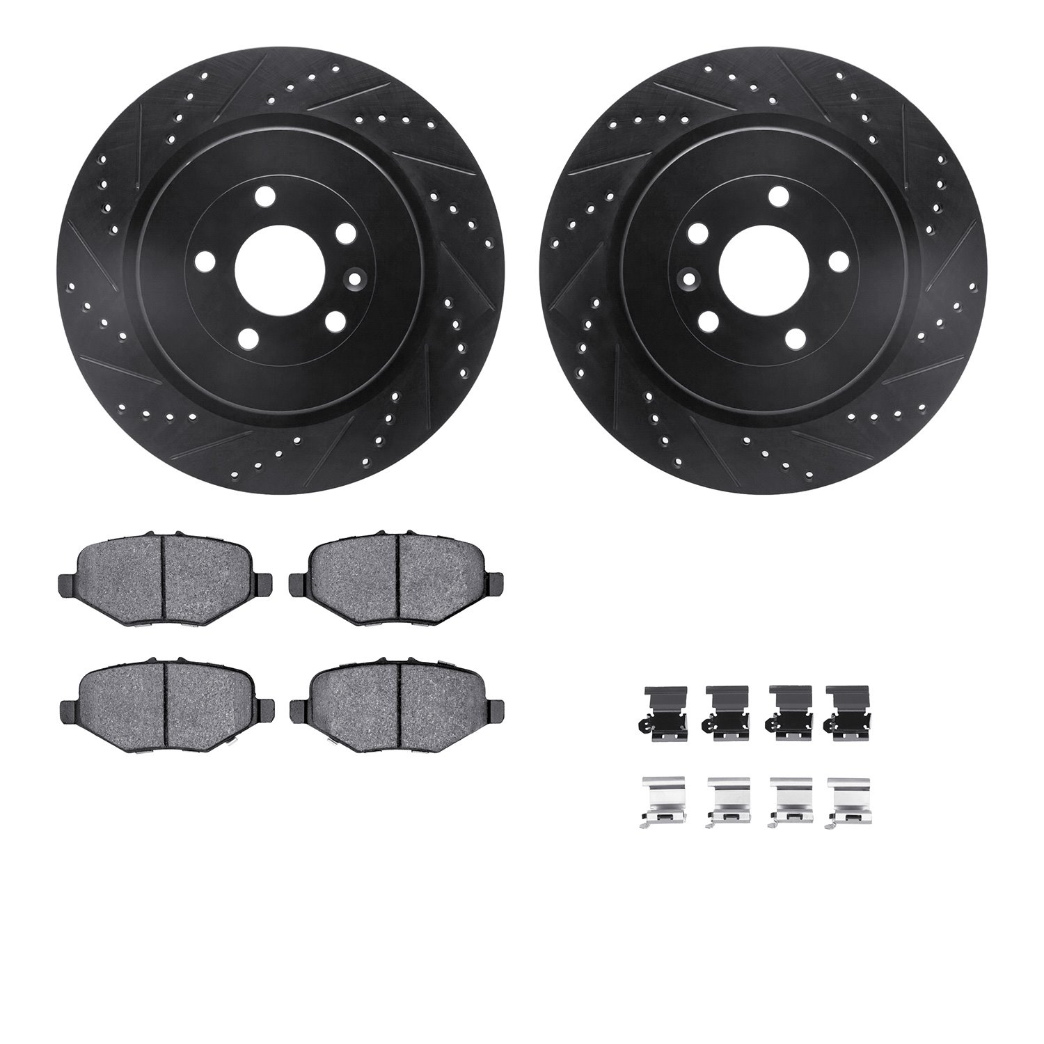 8212-99233 Drilled/Slotted Rotors w/Heavy-Duty Brake Pads Kit & Hardware [Black], 2013-2019 Ford/Lincoln/Mercury/Mazda, Position