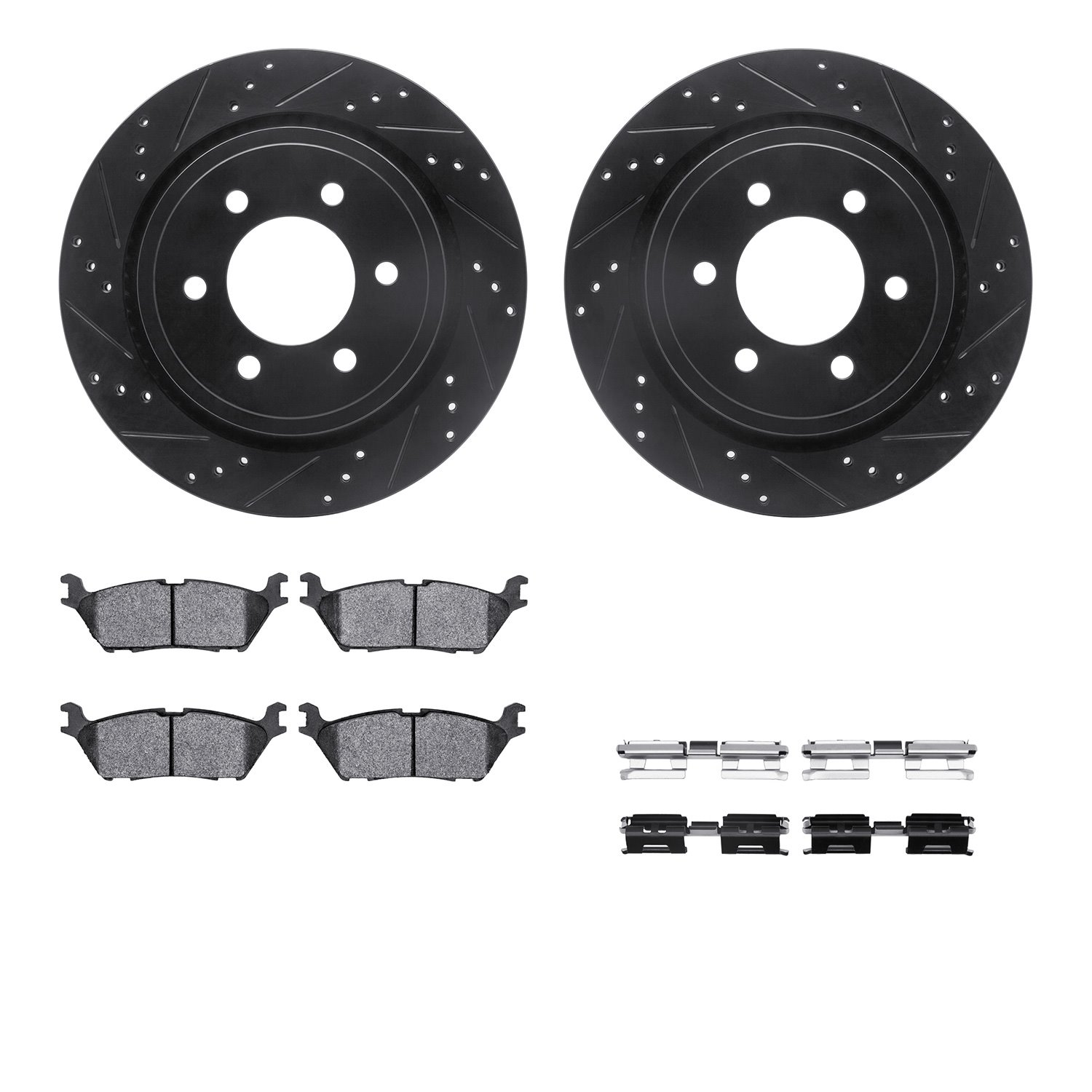8212-99244 Drilled/Slotted Rotors w/Heavy-Duty Brake Pads Kit & Hardware [Black], 2015-2017 Ford/Lincoln/Mercury/Mazda, Position