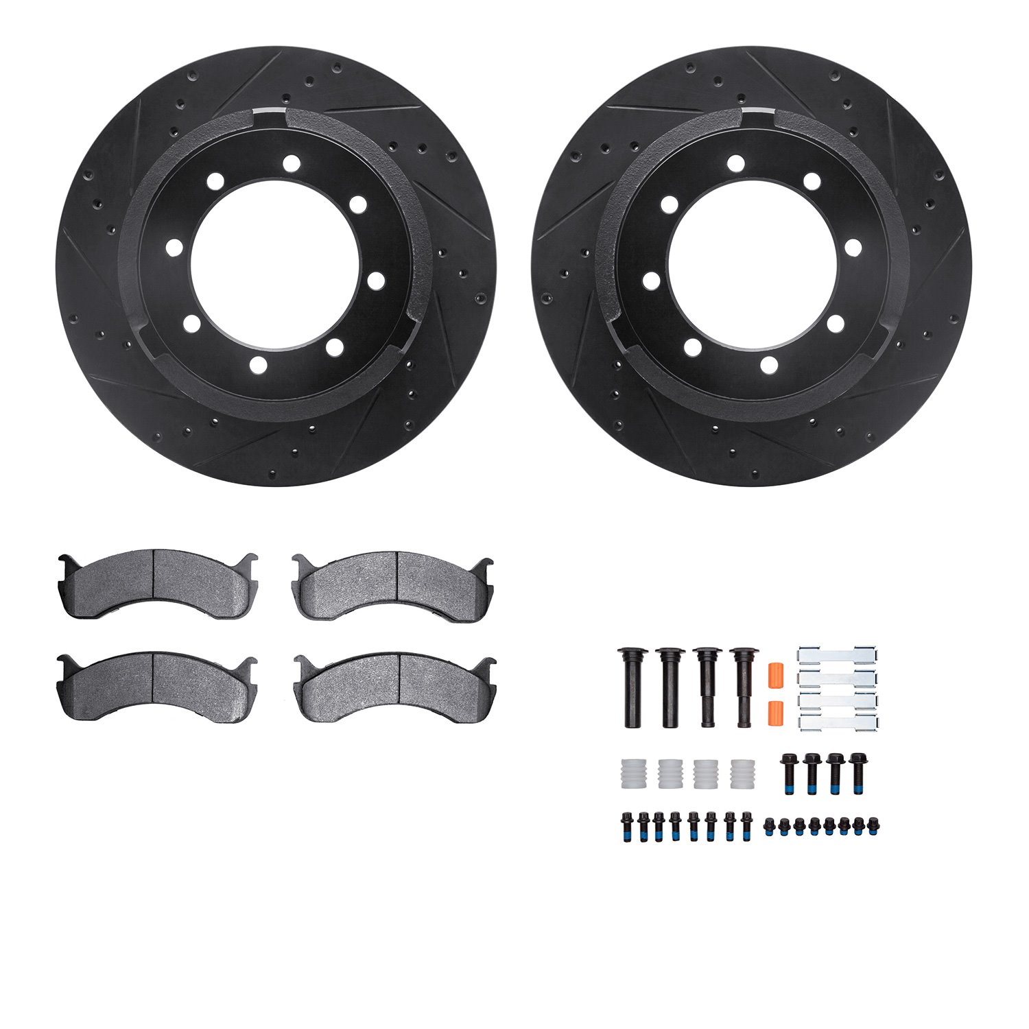 8212-99256 Drilled/Slotted Rotors w/Heavy-Duty Brake Pads Kit & Hardware [Black], Fits Select Ford/Lincoln/Mercury/Mazda, Positi