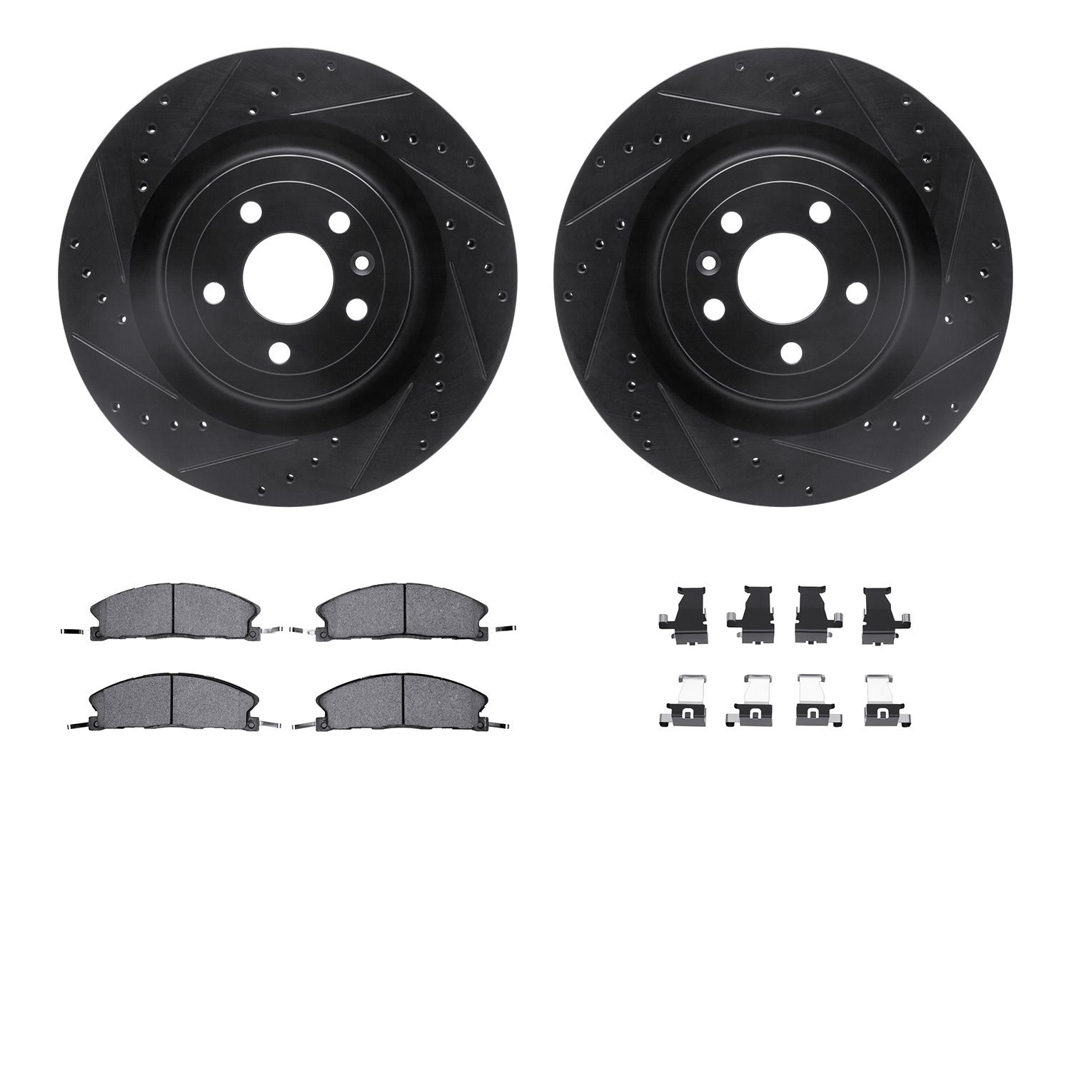 8212-99268 Drilled/Slotted Rotors w/Heavy-Duty Brake Pads Kit & Hardware [Black], 2013-2019 Ford/Lincoln/Mercury/Mazda, Position
