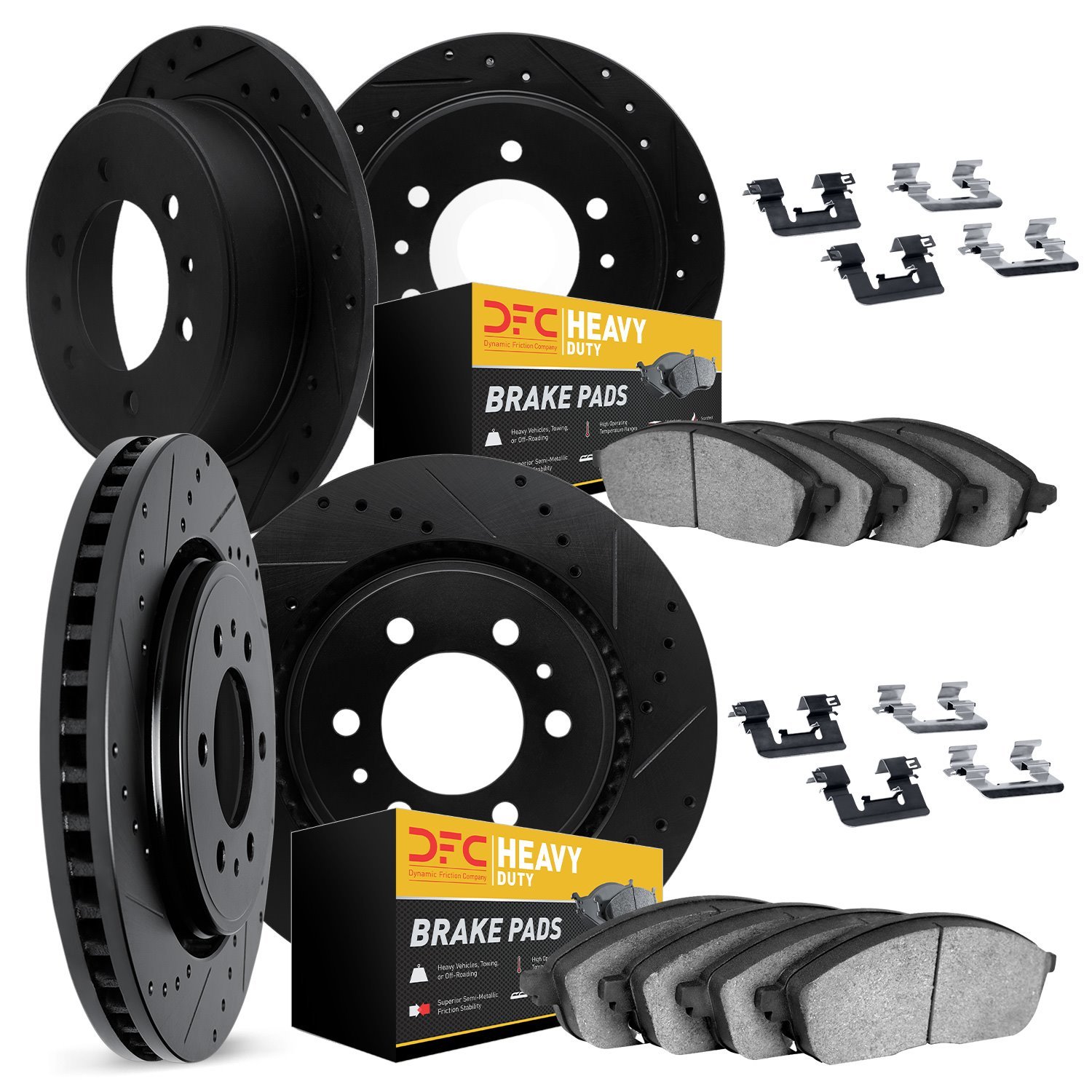 8214-40024 Drilled/Slotted Rotors w/Heavy-Duty Brake Pads Kit & Hardware [Black], 2003-2004 Mopar, Position: Front and Rear