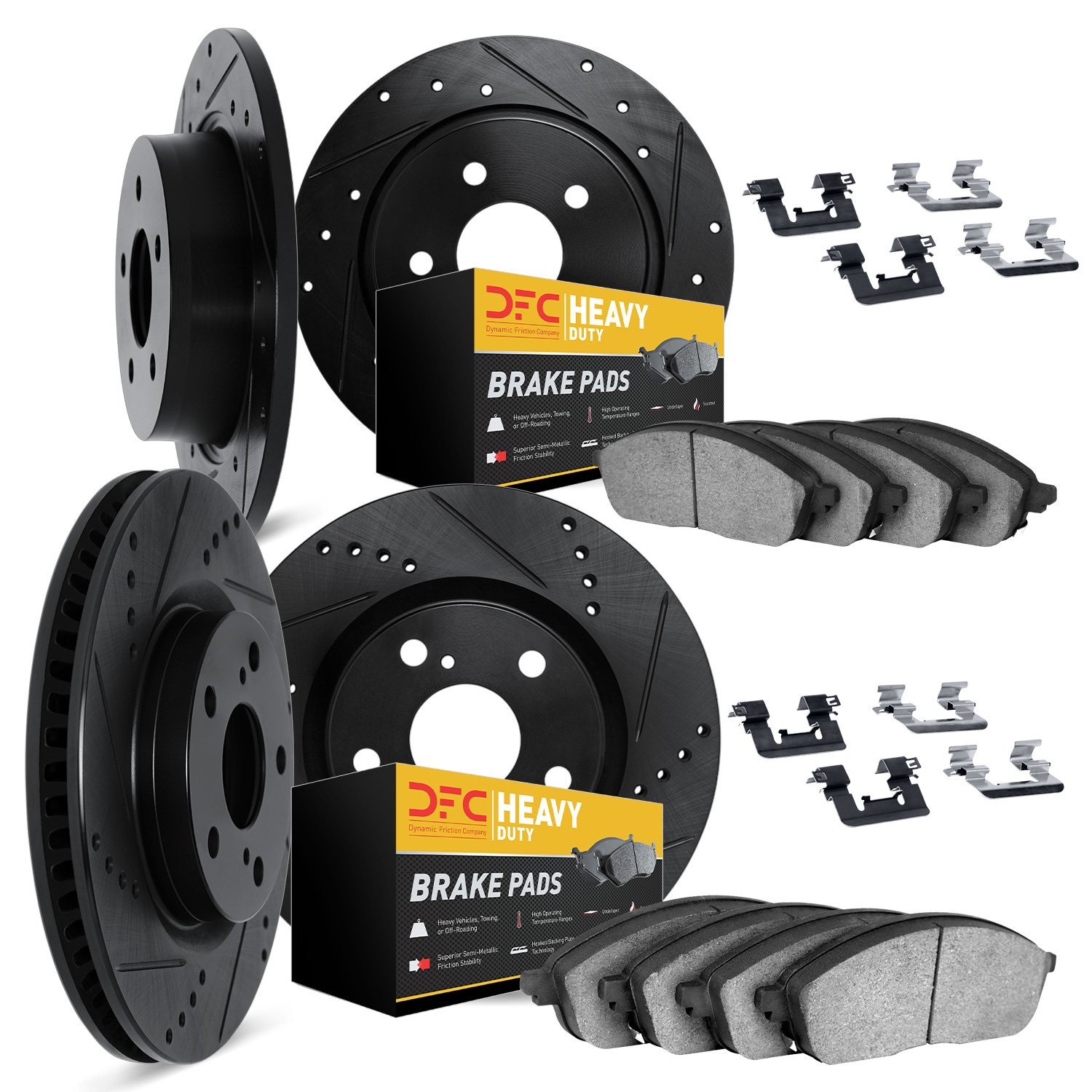8214-40226 Drilled/Slotted Rotors w/Heavy-Duty Brake Pads Kit & Hardware [Black], 2003-2006 Mopar, Position: Front and Rear