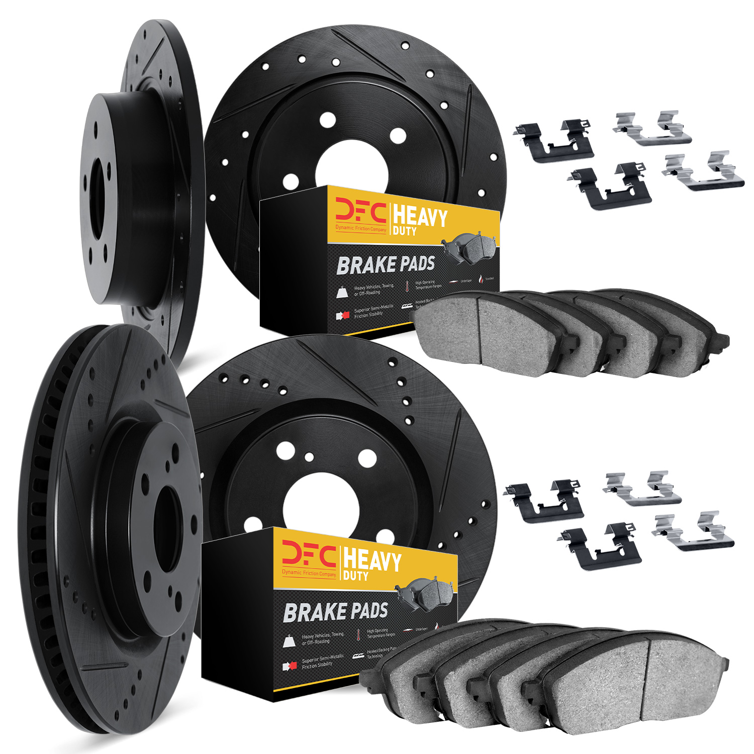 8214-40227 Drilled/Slotted Rotors w/Heavy-Duty Brake Pads Kit & Hardware [Black], 2003-2006 Mopar, Position: Front and Rear