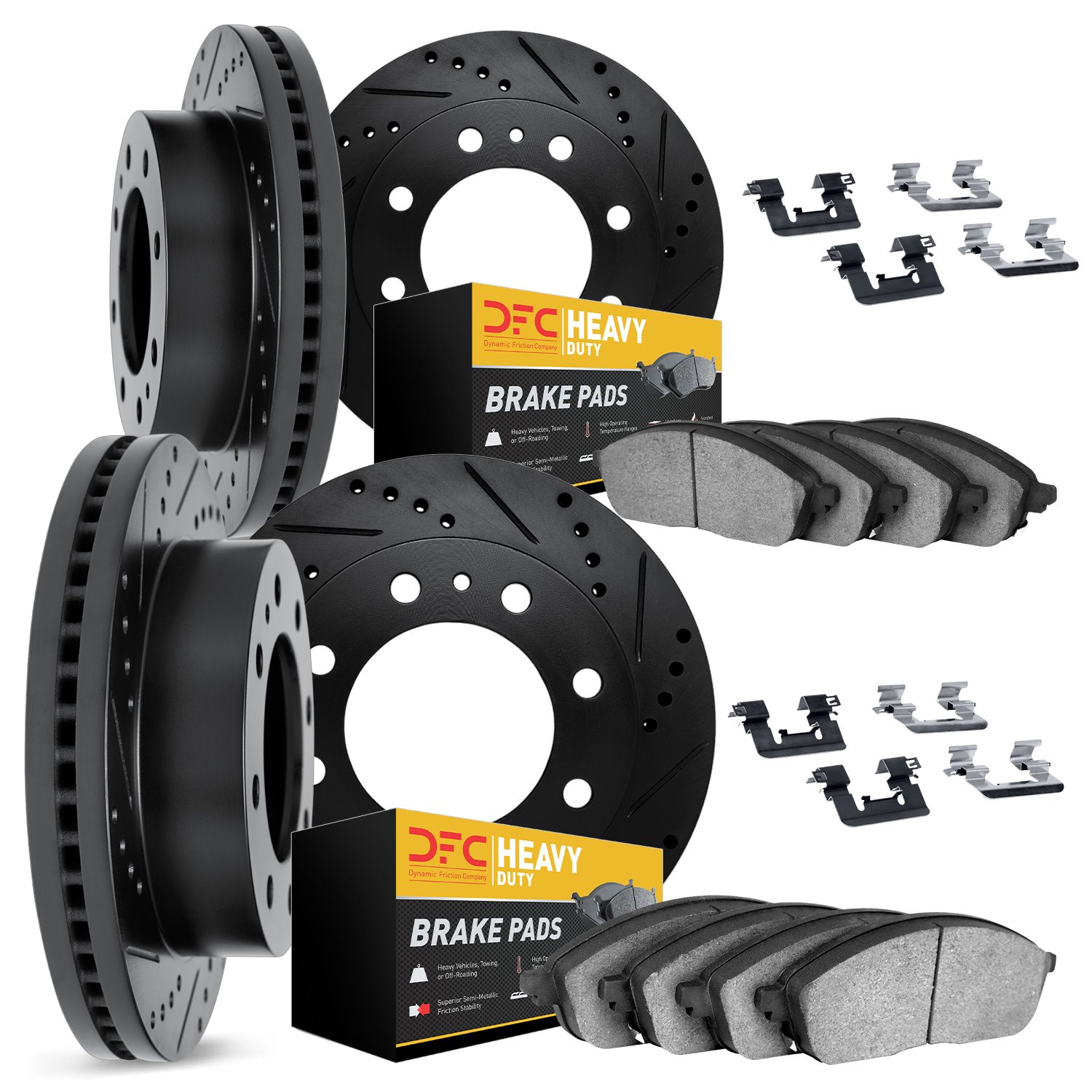 8214-46015 Drilled/Slotted Rotors w/Heavy-Duty Brake Pads Kit & Hardware [Black], 2006-2011 GM, Position: Front and Rear