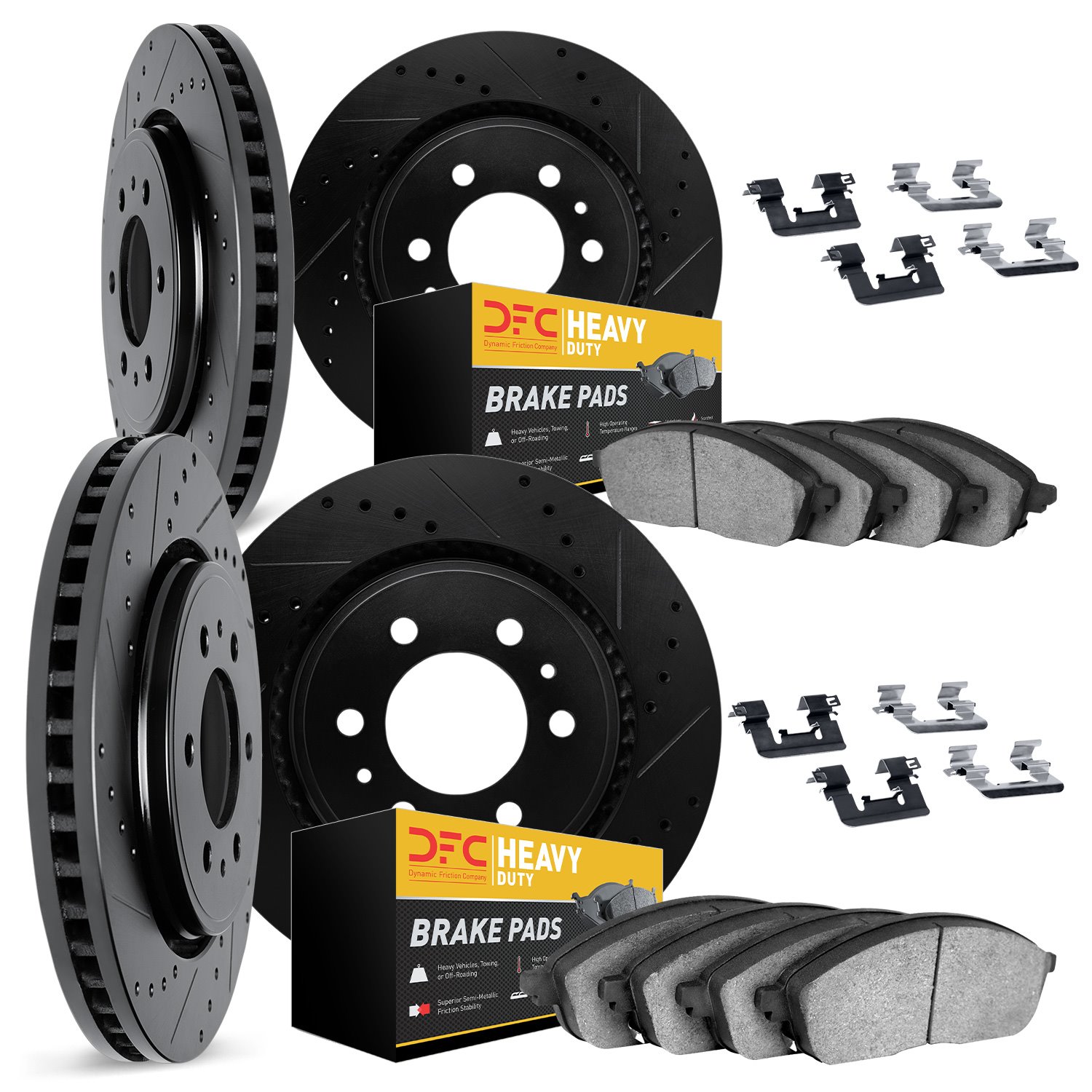 8214-46039 Drilled/Slotted Rotors w/Heavy-Duty Brake Pads Kit & Hardware [Black], 2013-2019 GM, Position: Front and Rear