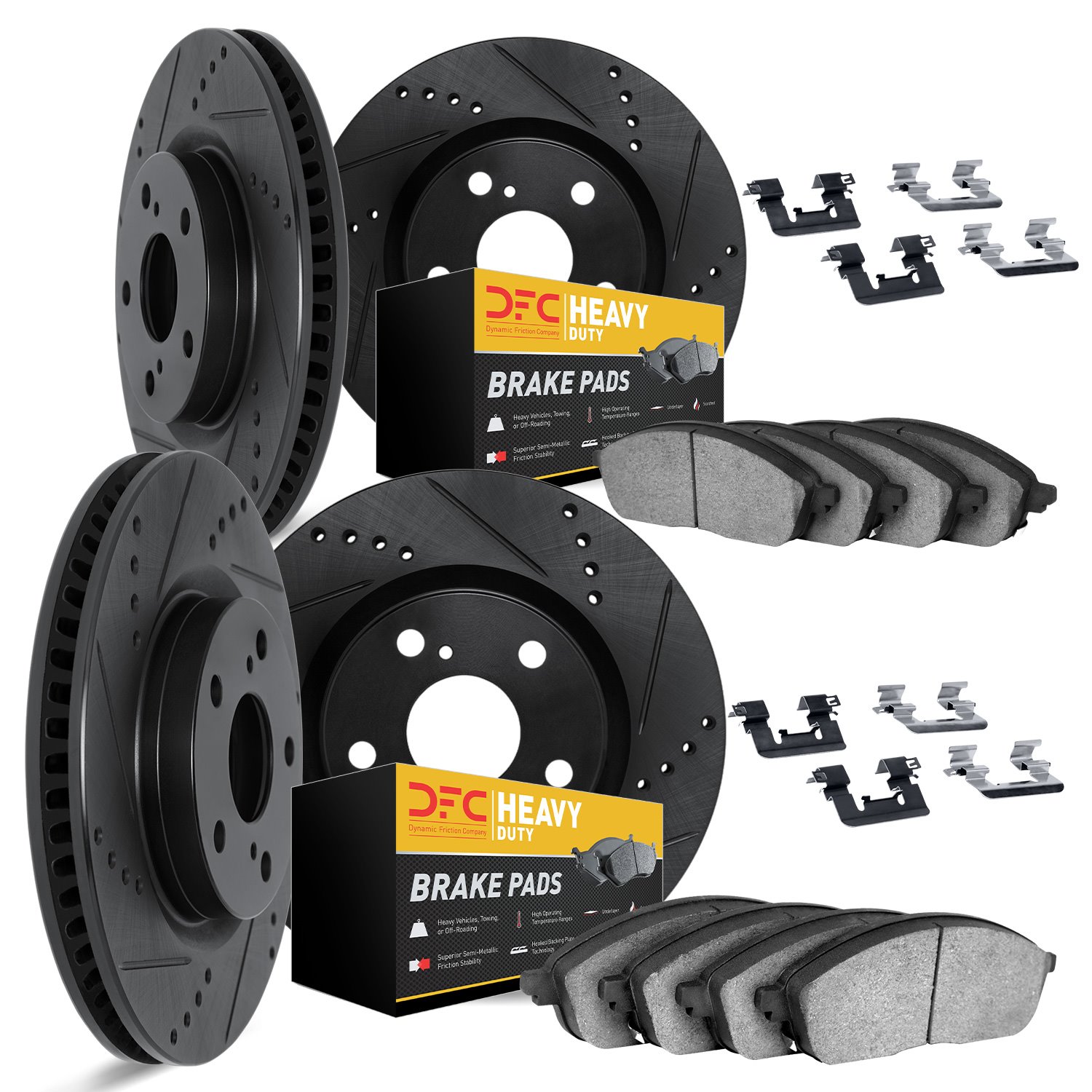 8214-48005 Drilled/Slotted Rotors w/Heavy-Duty Brake Pads Kit & Hardware [Black], 1997-2005 GM, Position: Front and Rear