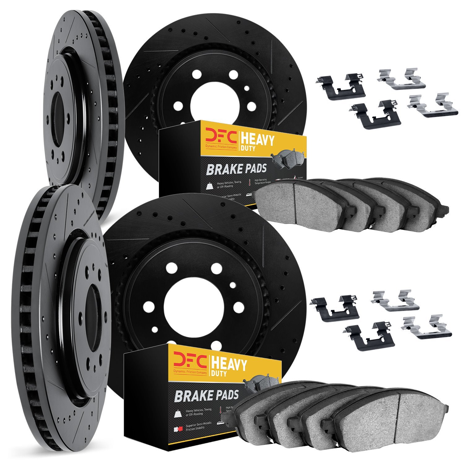 8214-48012 Drilled/Slotted Rotors w/Heavy-Duty Brake Pads Kit & Hardware [Black], 2000-2006 GM, Position: Front and Rear