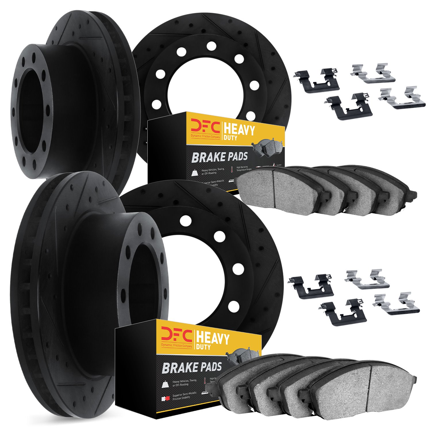 8214-48158 Drilled/Slotted Rotors w/Heavy-Duty Brake Pads Kit & Hardware [Black], 1994-2000 GM, Position: Front and Rear