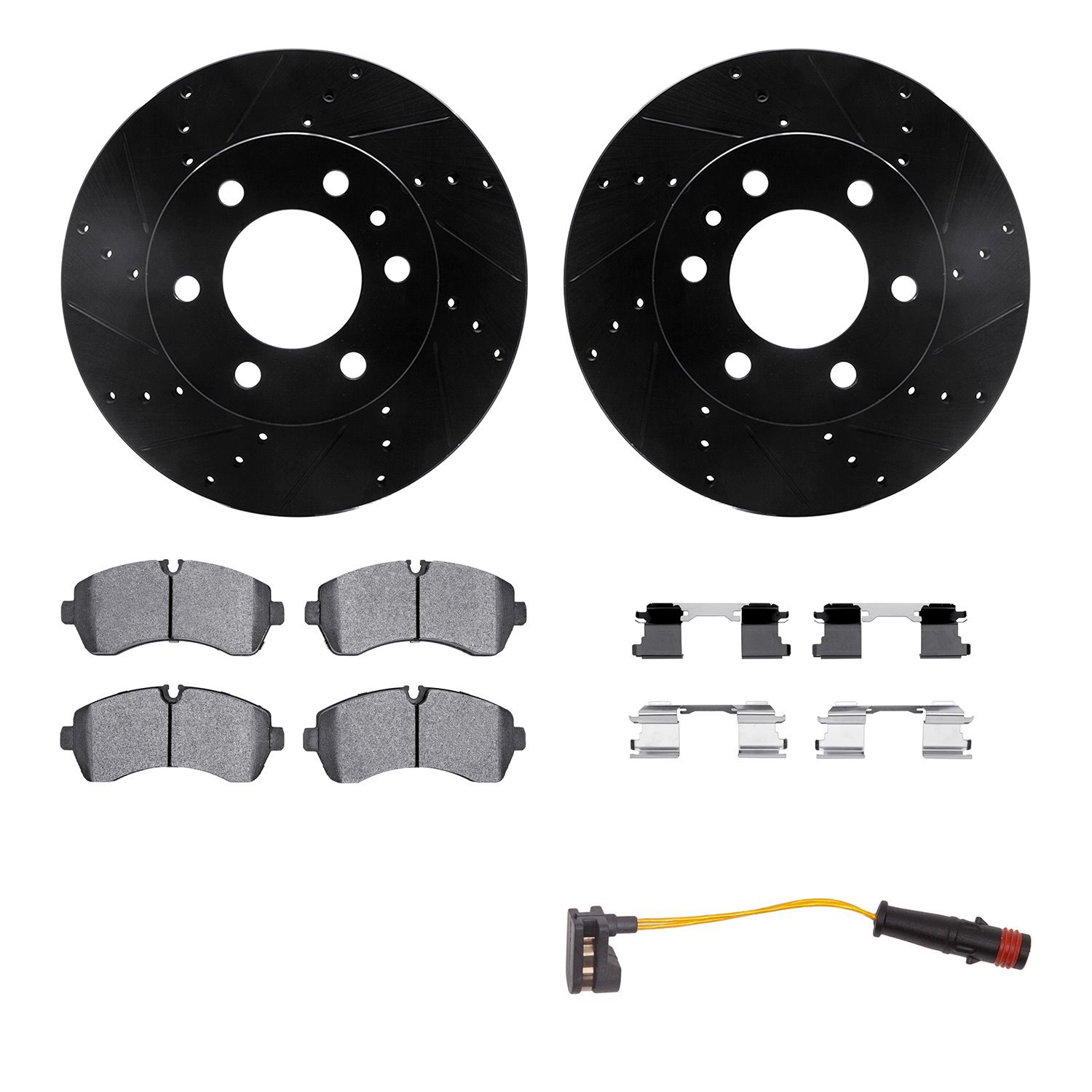 8222-40011 Drilled/Slotted Rotors w/Heavy-Duty Brake Pads/Sensor & Hardware [Silver], 2007-2021 Multiple Makes/Models, Position:
