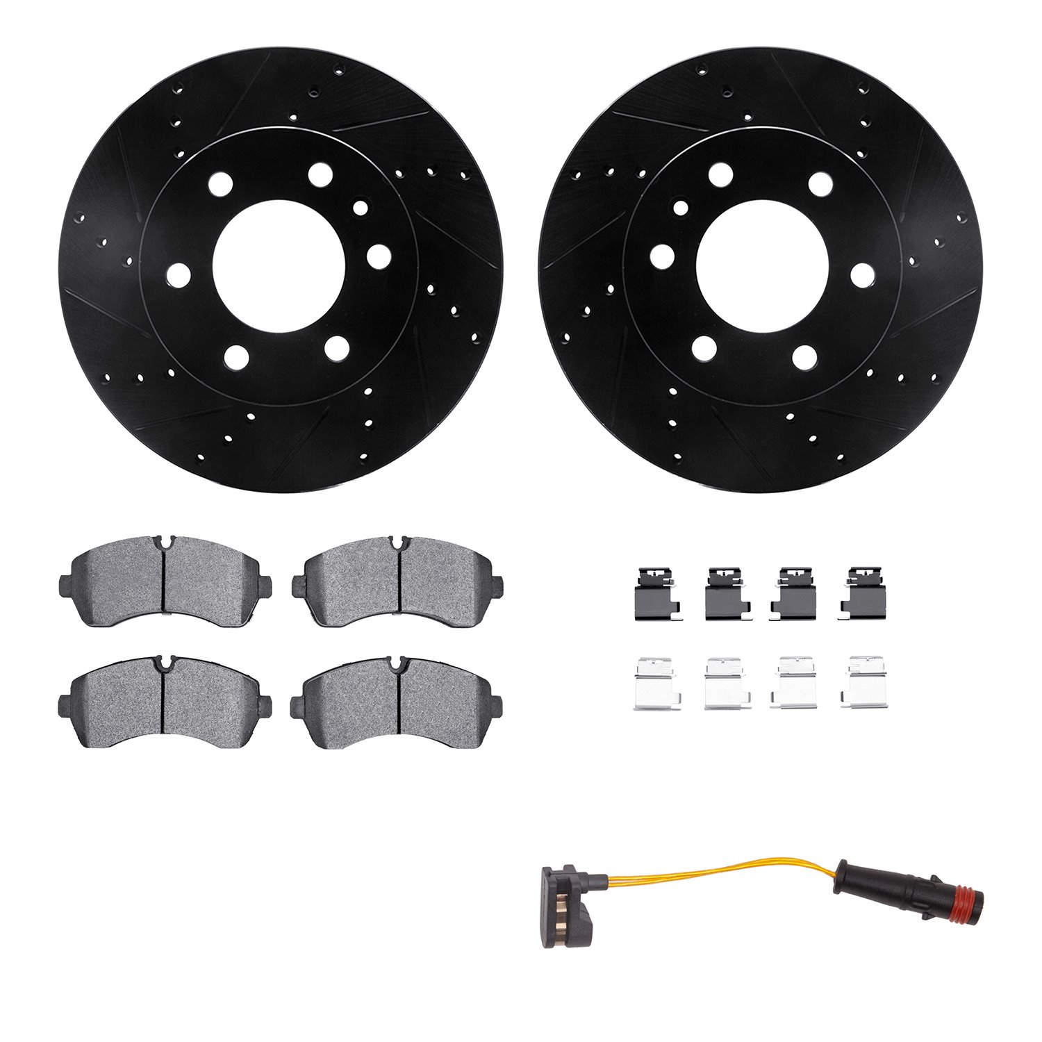 8222-40012 Drilled/Slotted Rotors w/Heavy-Duty Brake Pads/Sensor & Hardware [Silver], Fits Select Multiple Makes/Models, Positio