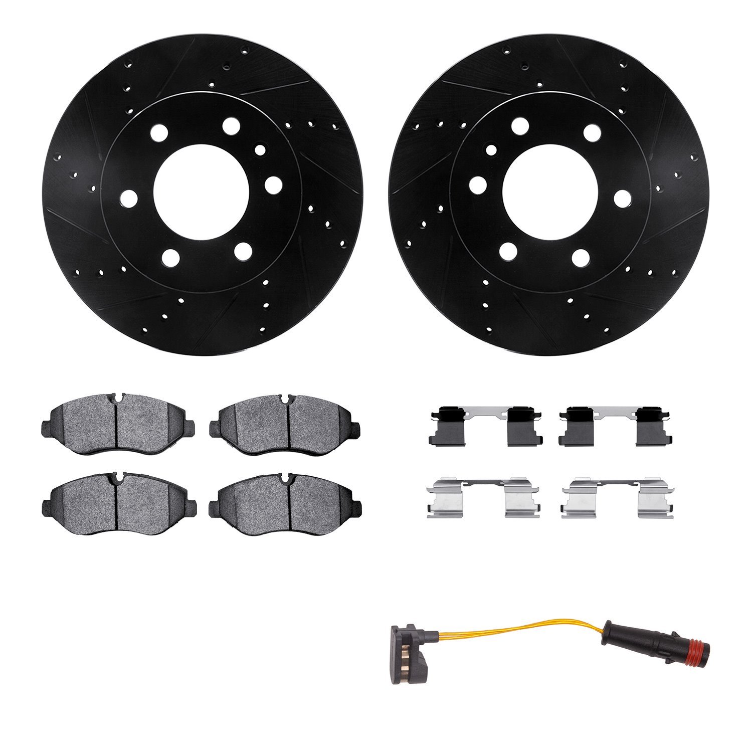 8222-40013 Drilled/Slotted Rotors w/Heavy-Duty Brake Pads/Sensor & Hardware [Silver], 2007-2018 Multiple Makes/Models, Position: