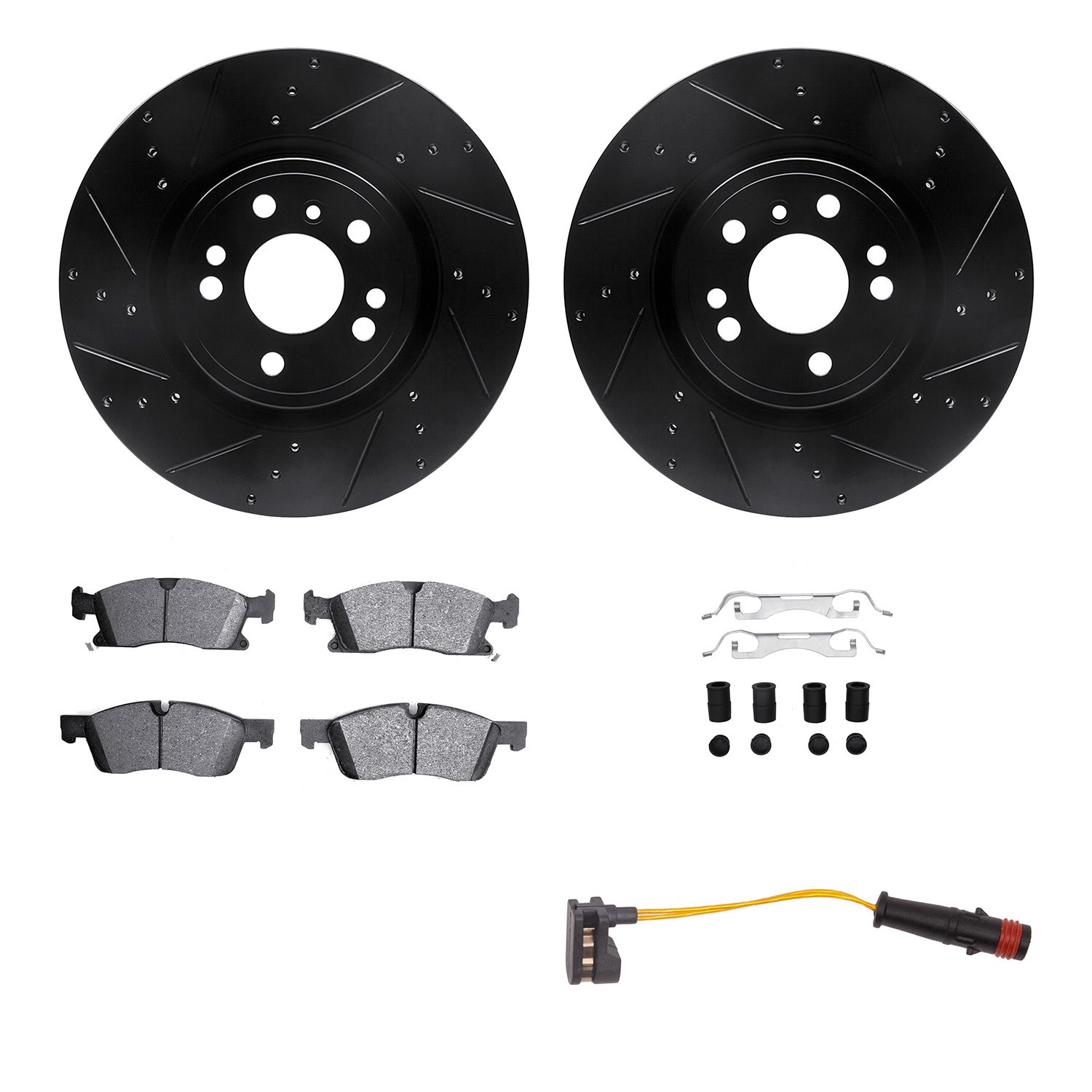 8222-63002 Drilled/Slotted Rotors w/Heavy-Duty Brake Pads/Sensor & Hardware [Silver], 2012-2018 Mercedes-Benz, Position: Front
